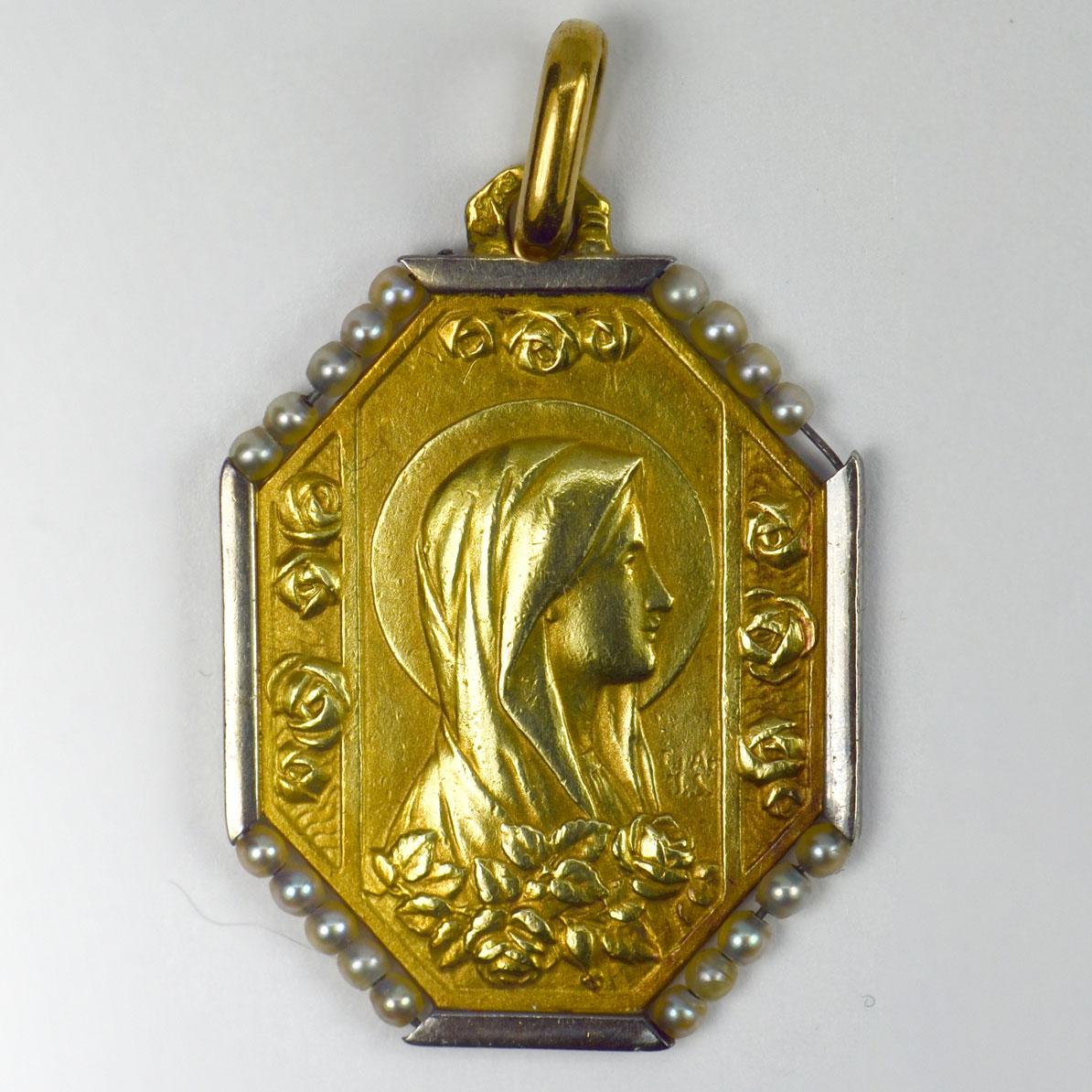 Uncut French Virgin Mary 18k Yellow Gold Pearl Medal Pendant