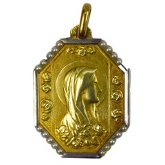 French Virgin Mary 18k Yellow Gold Pearl Medal Pendant