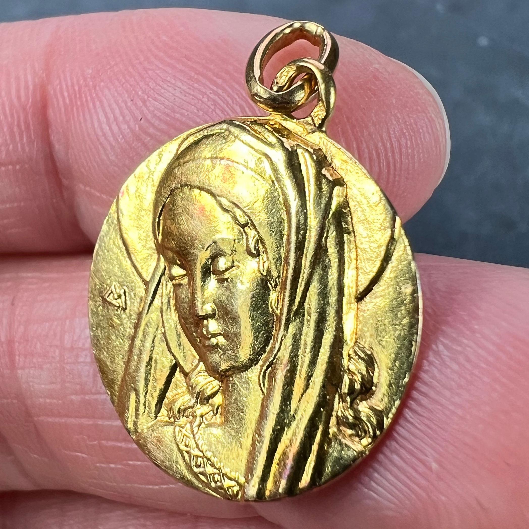 French Virgin Mary 18K Yellow Gold Pendant Charm For Sale 2