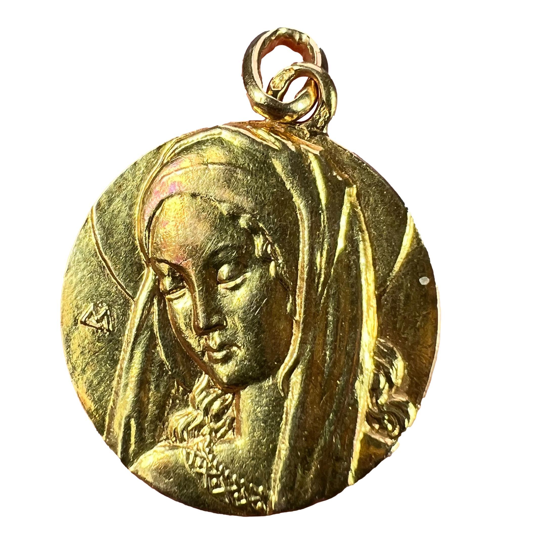 French Virgin Mary 18K Yellow Gold Pendant Charm For Sale