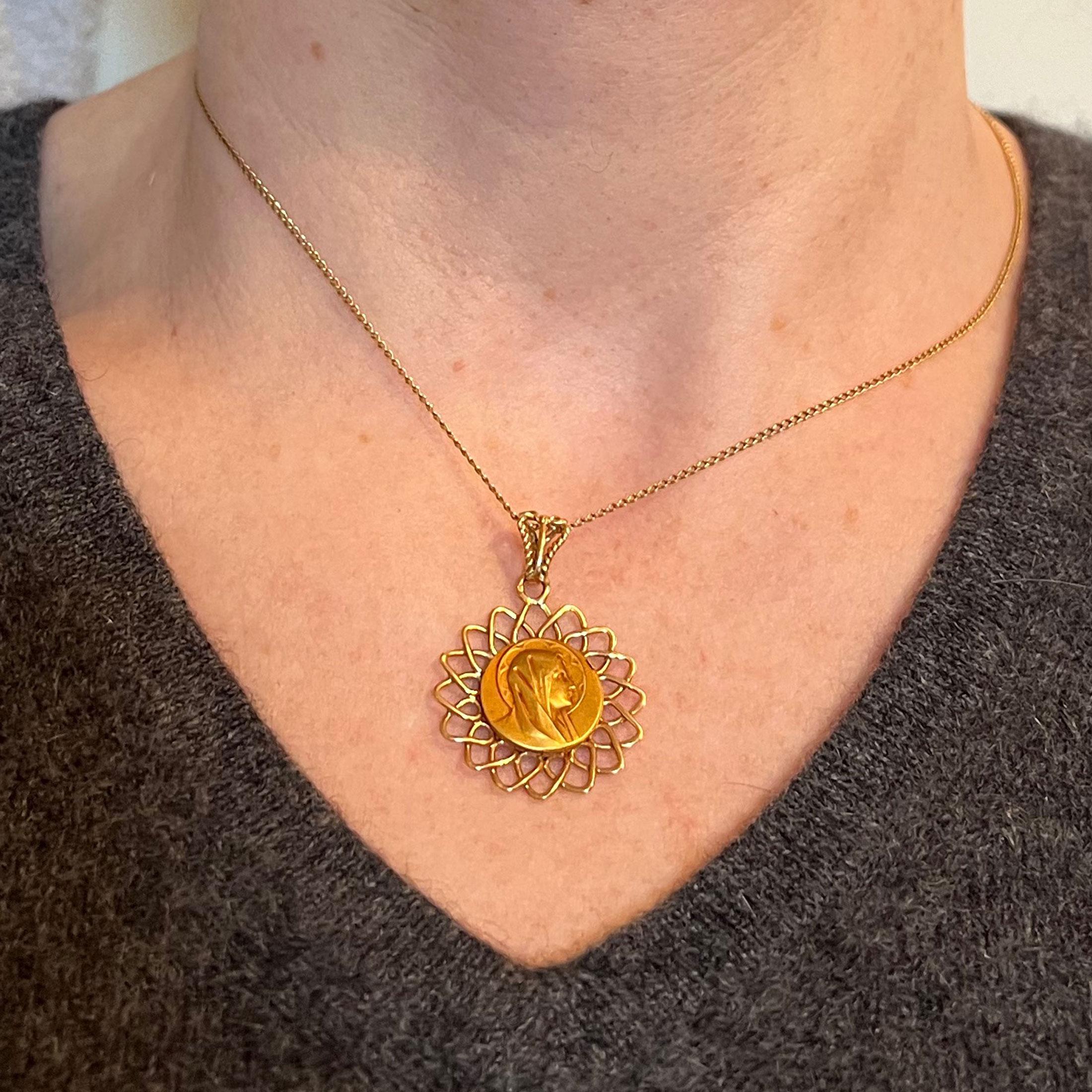 Women's French Virgin Mary 18K Yellow Gold Religious Medal Pendant For Sale