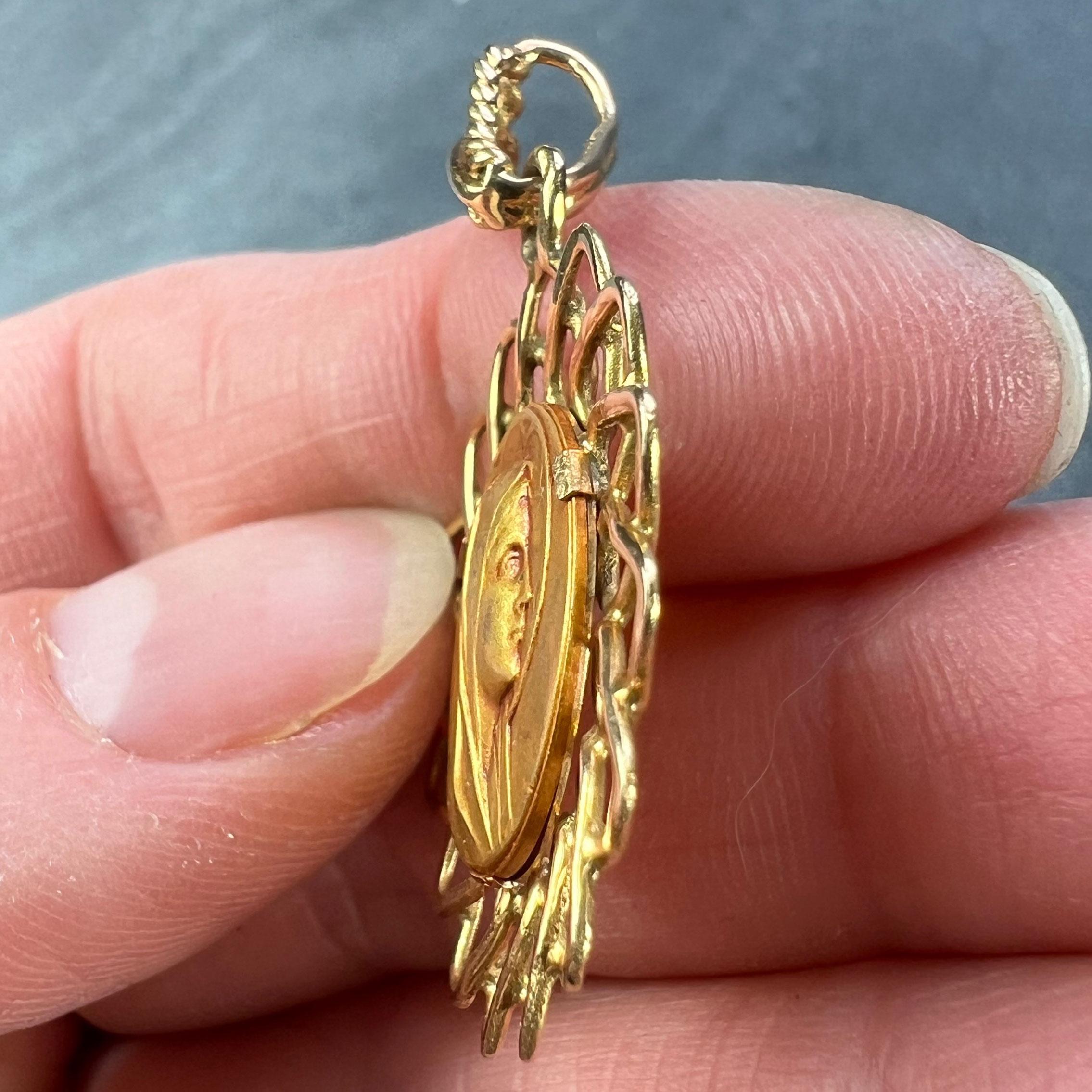 French Virgin Mary 18K Yellow Gold Religious Medal Pendant For Sale 3