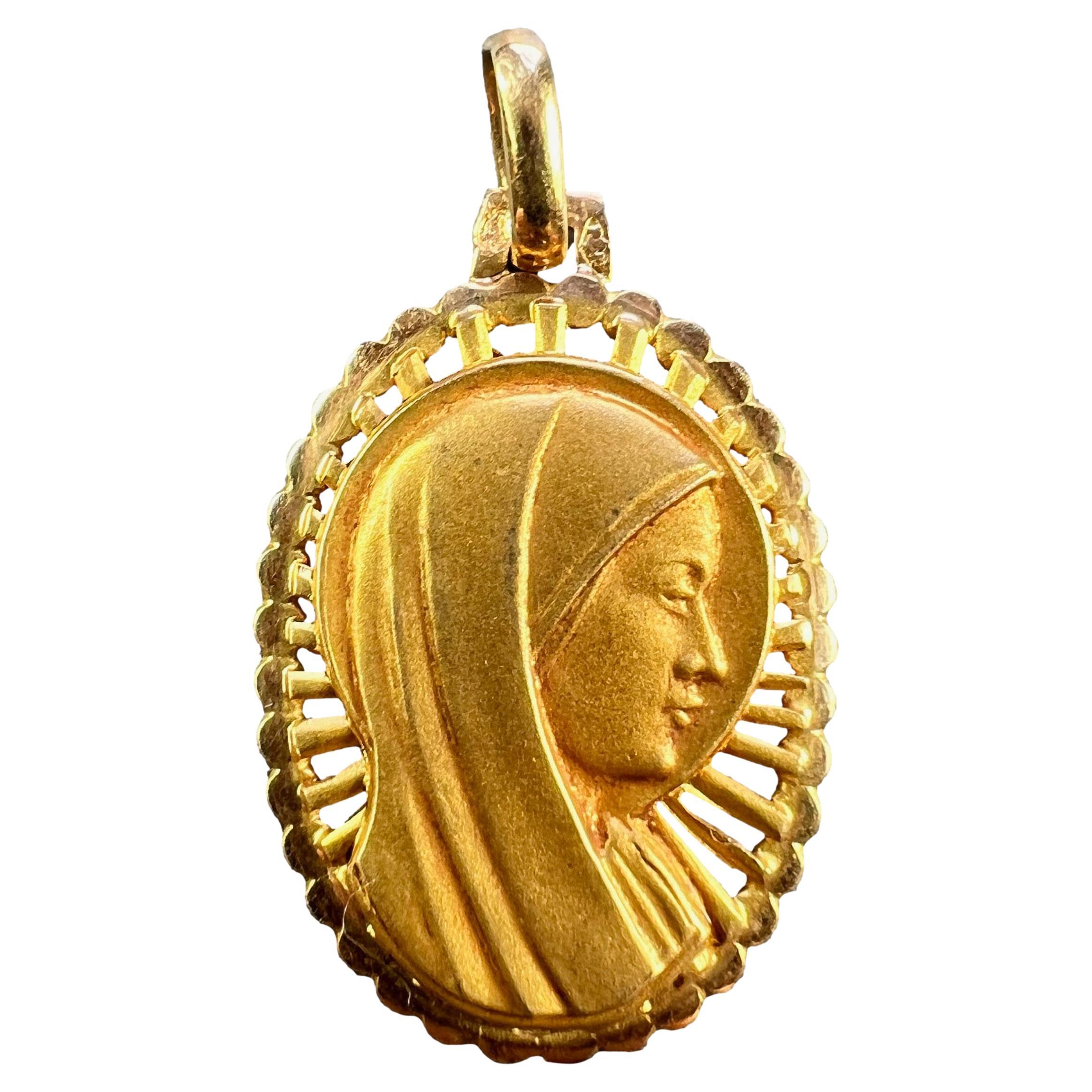 French Virgin Mary 18K Yellow Gold Religious Medal Pendant For Sale