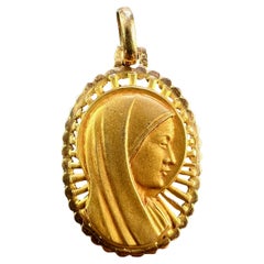 Vintage French Virgin Mary 18K Yellow Gold Religious Medal Pendant