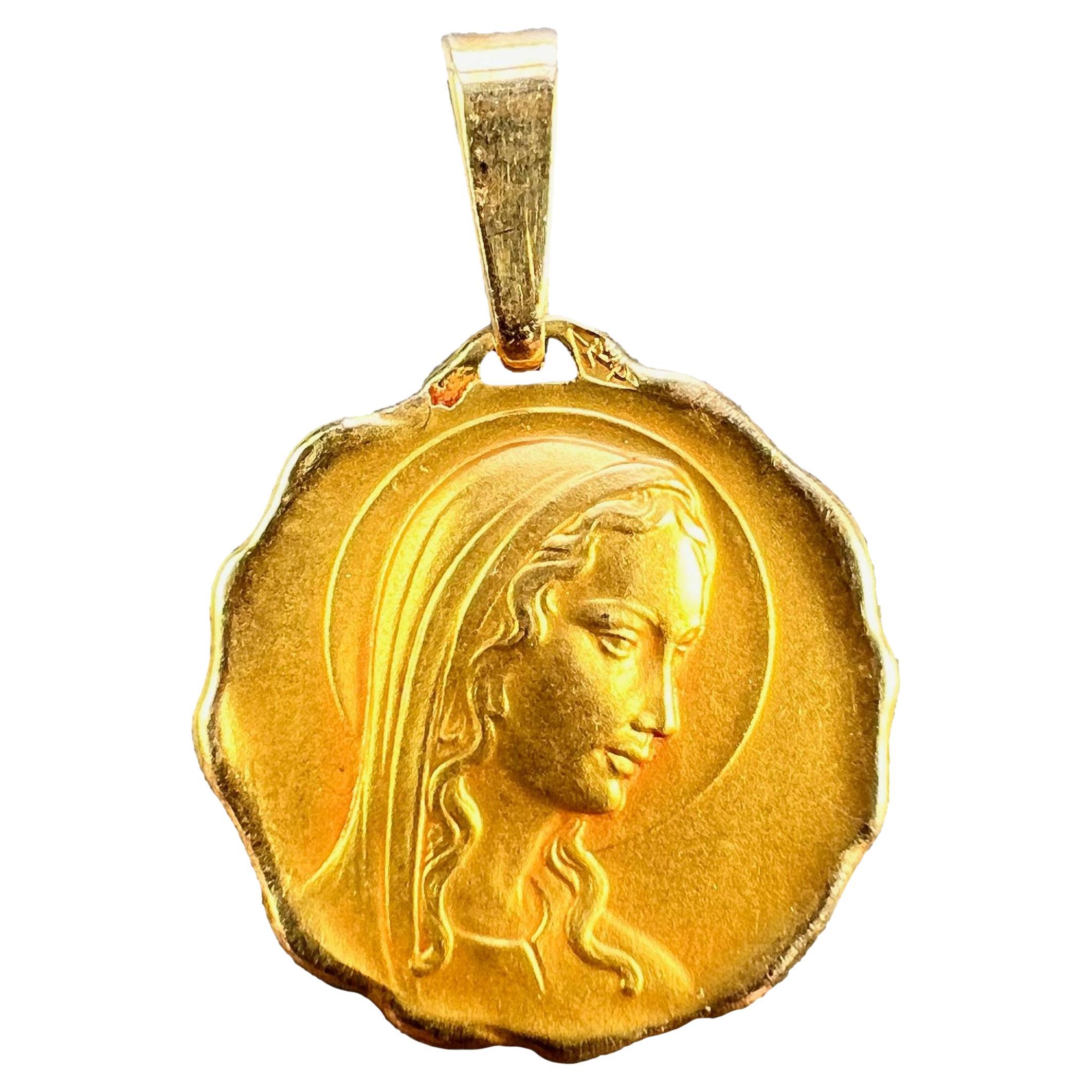 French Virgin Mary 18K Yellow Gold Religious Medal Pendant For Sale