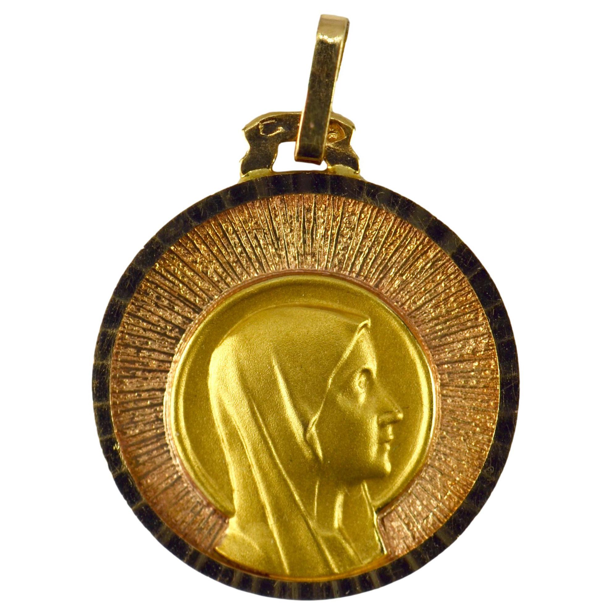 French Virgin Mary 18k Yellow Rose Gold Medal Pendant