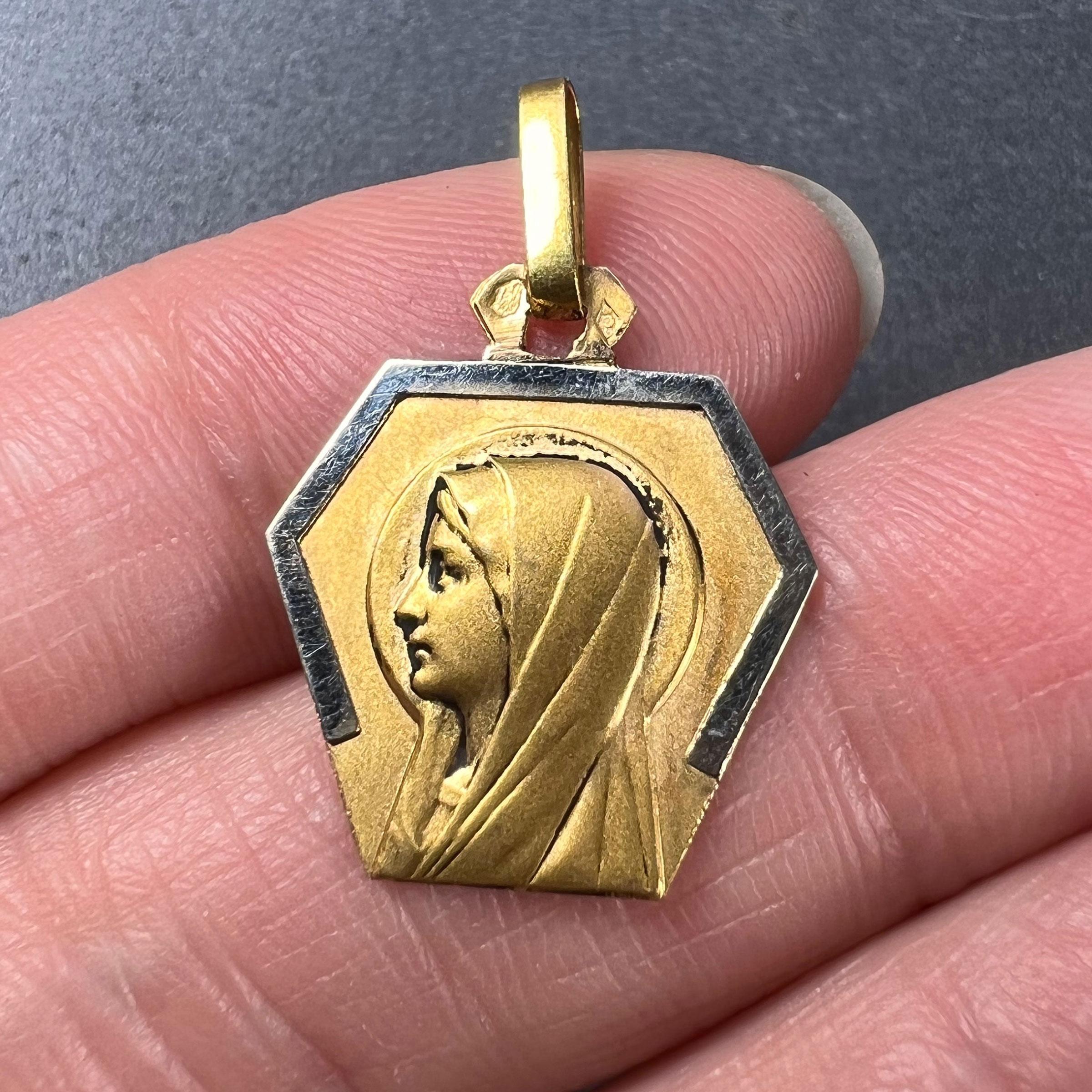 French Virgin Mary 18K Yellow White Gold Charm Pendant In Good Condition For Sale In London, GB