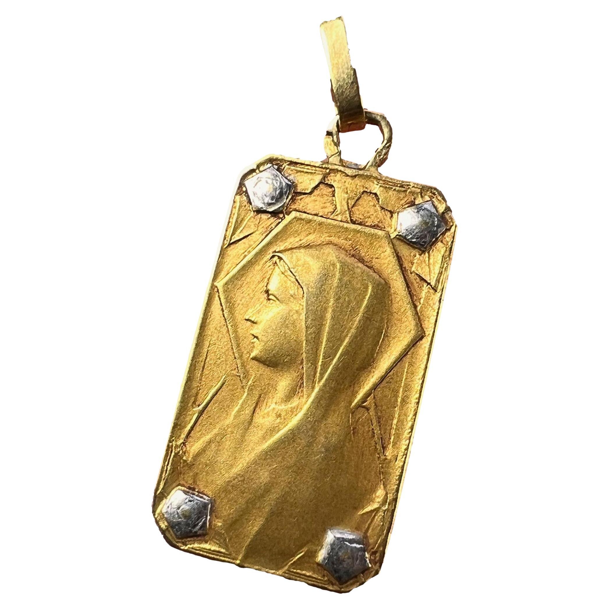 French Virgin Mary 18K Yellow White Gold Charm Pendant For Sale