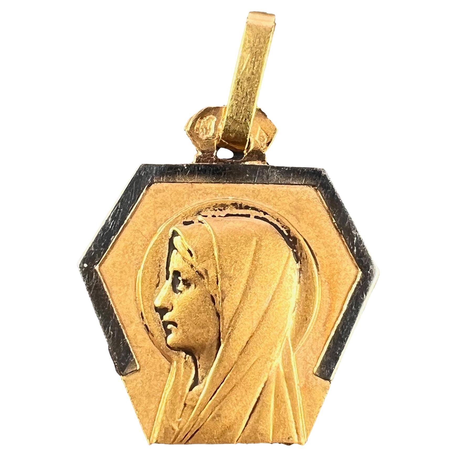 French Virgin Mary 18K Yellow White Gold Charm Pendant For Sale