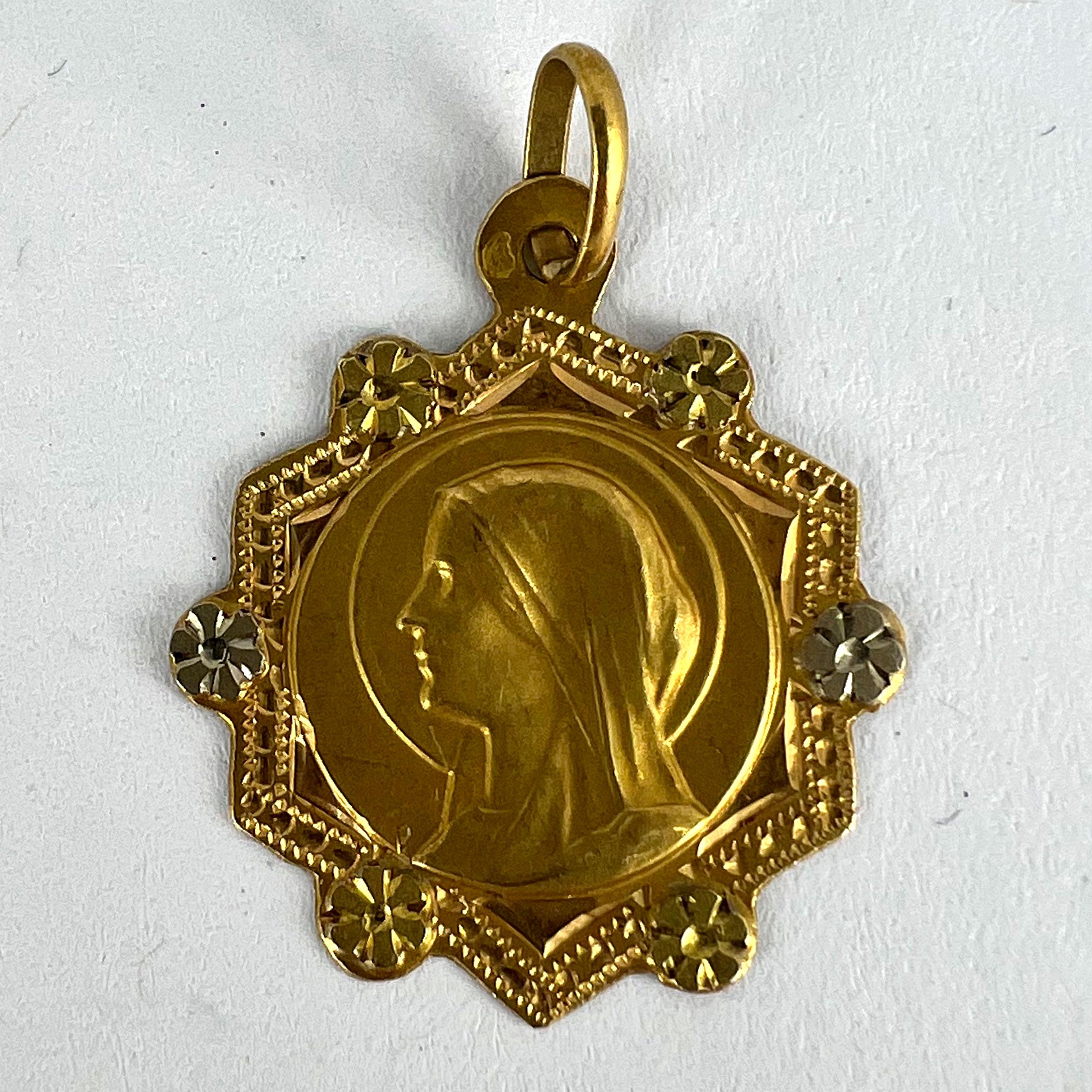 French Virgin Mary 18K Yellow White Gold Medal Charm Pendant For Sale 7