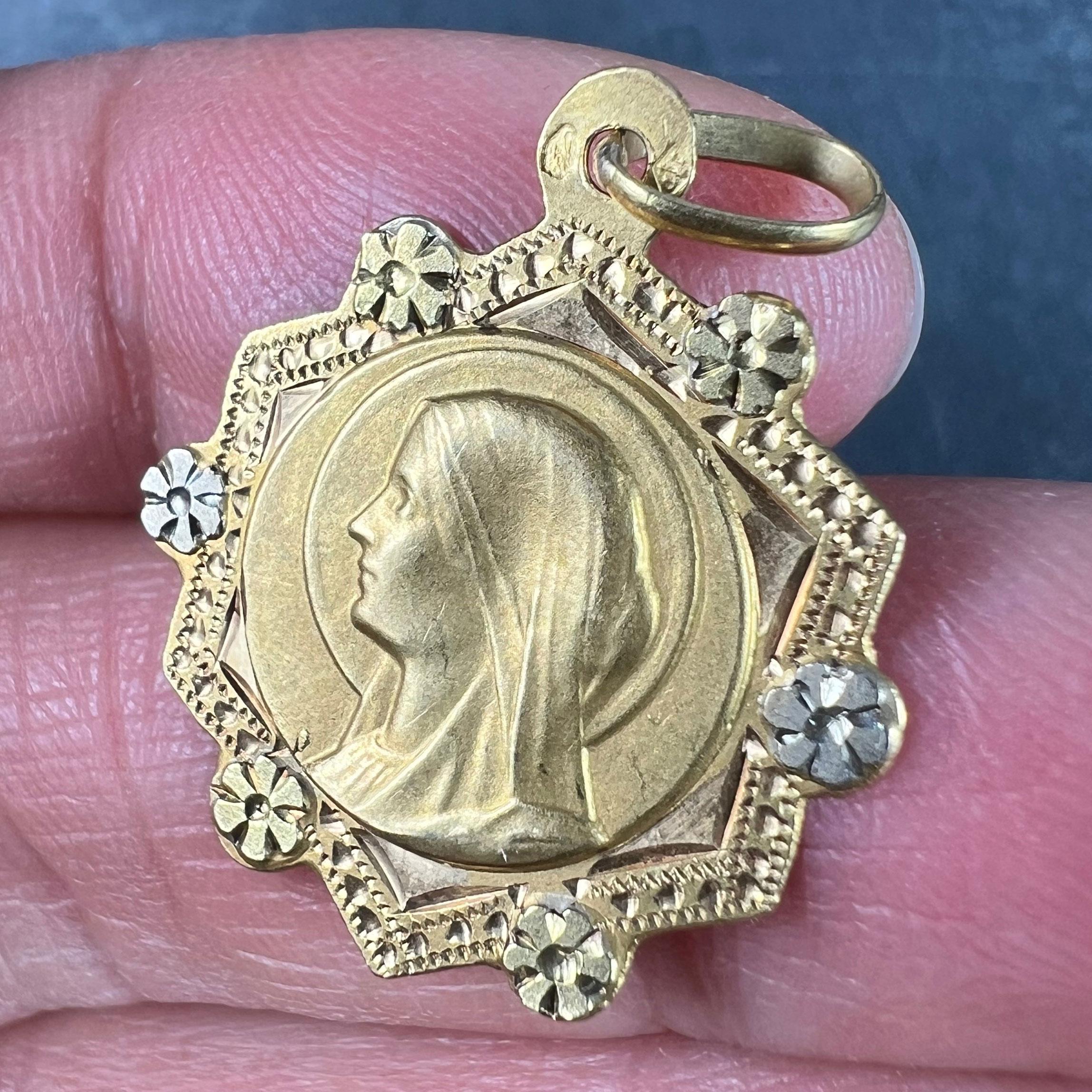 French Virgin Mary 18K Yellow White Gold Medal Charm Pendant For Sale 2
