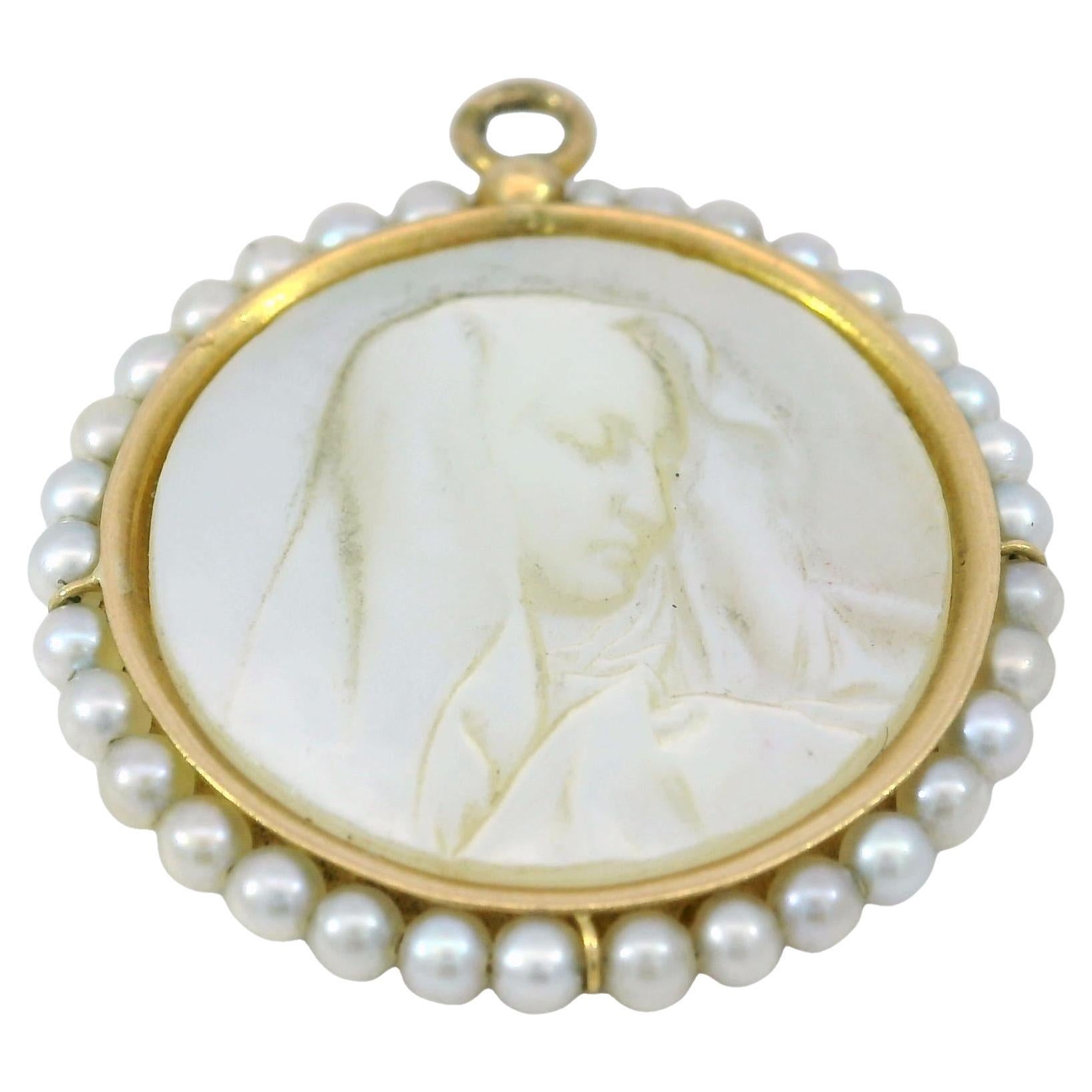 French Virgin Mary Charm Carved Mother of Pearl 18K Yellow Gold Pearl Frame