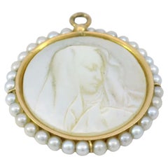 French Virgin Mary Charm Carved Mother of Pearl 18K Yellow Gold Pearl Frame