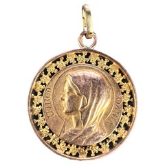 French Virgin Mary Ivy 18K Yellow Gold Medal Charm Pendant