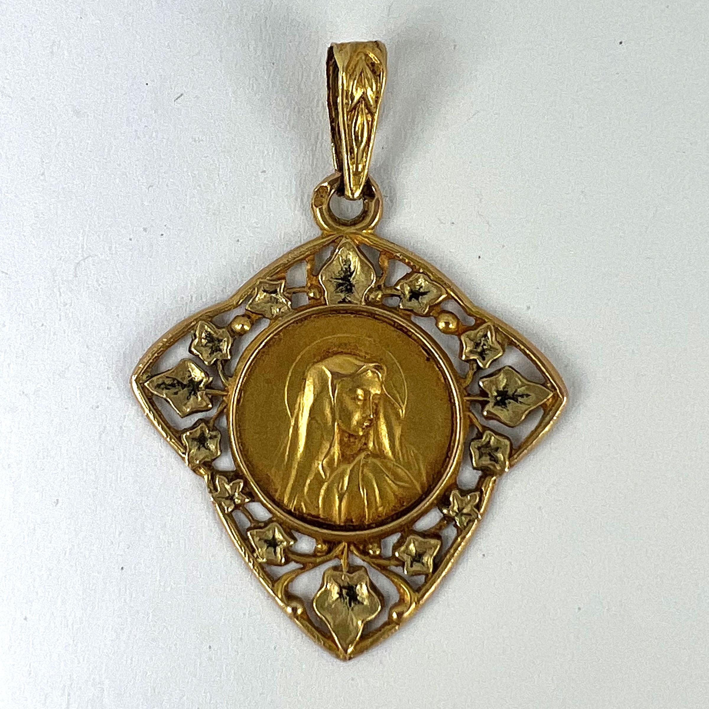 French Virgin Mary Ivy Leaf 18K Yellow Gold Medal Charm Pendant For Sale 6