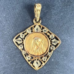 French Virgin Mary Ivy Leaf 18K Yellow Gold Medal Charm Pendant