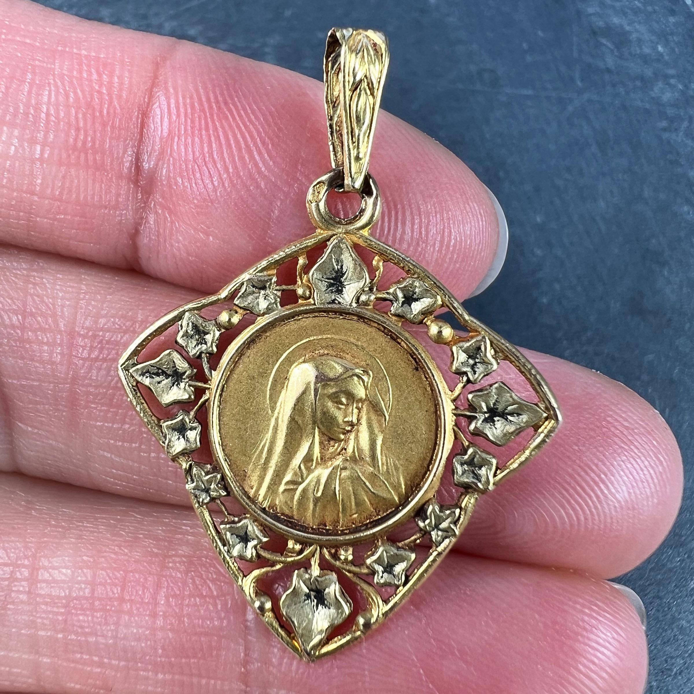 Women's or Men's French Virgin Mary Ivy Leaf 18K Yellow Gold Medal Charm Pendant For Sale