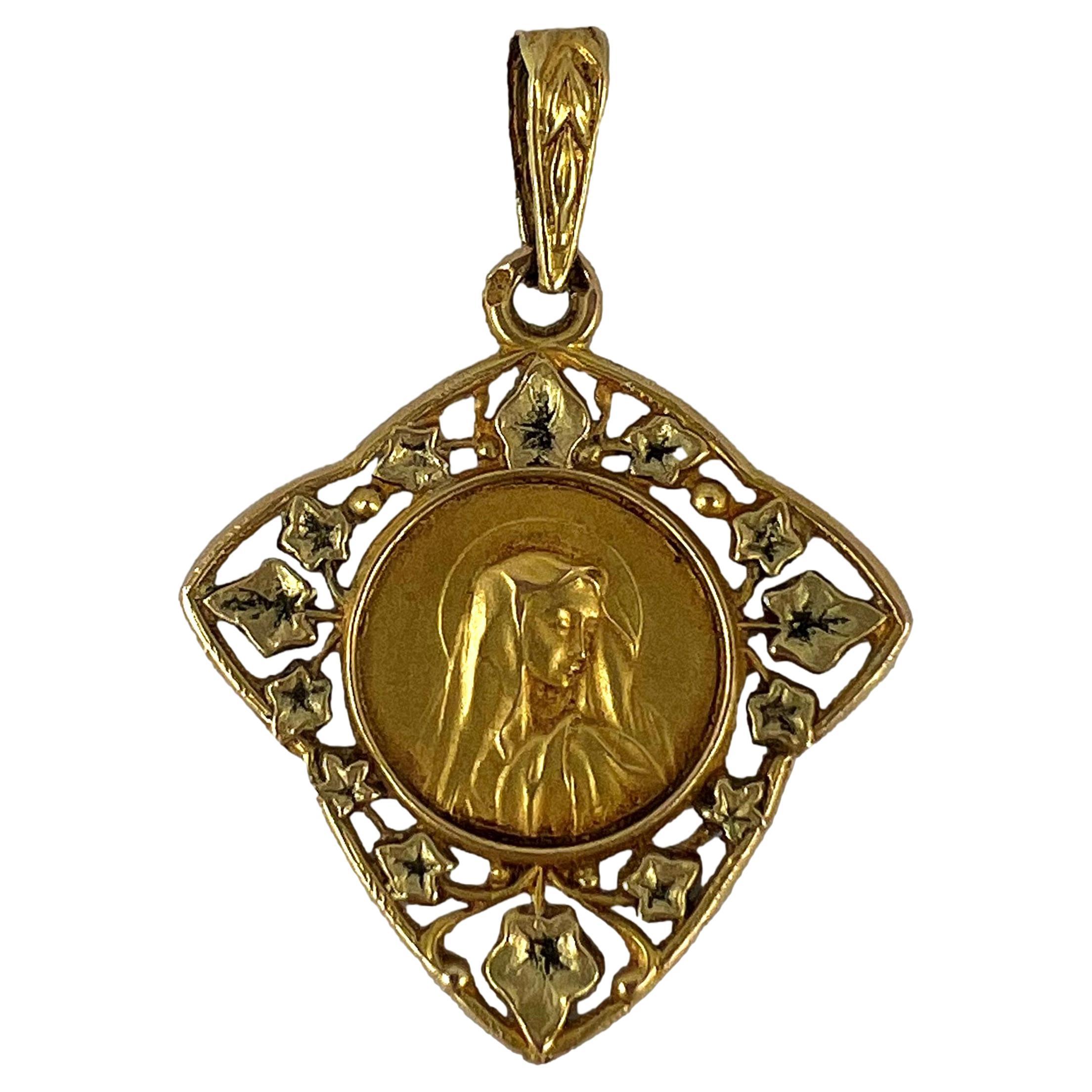 French Virgin Mary Ivy Leaf 18K Yellow Gold Medal Charm Pendant For Sale