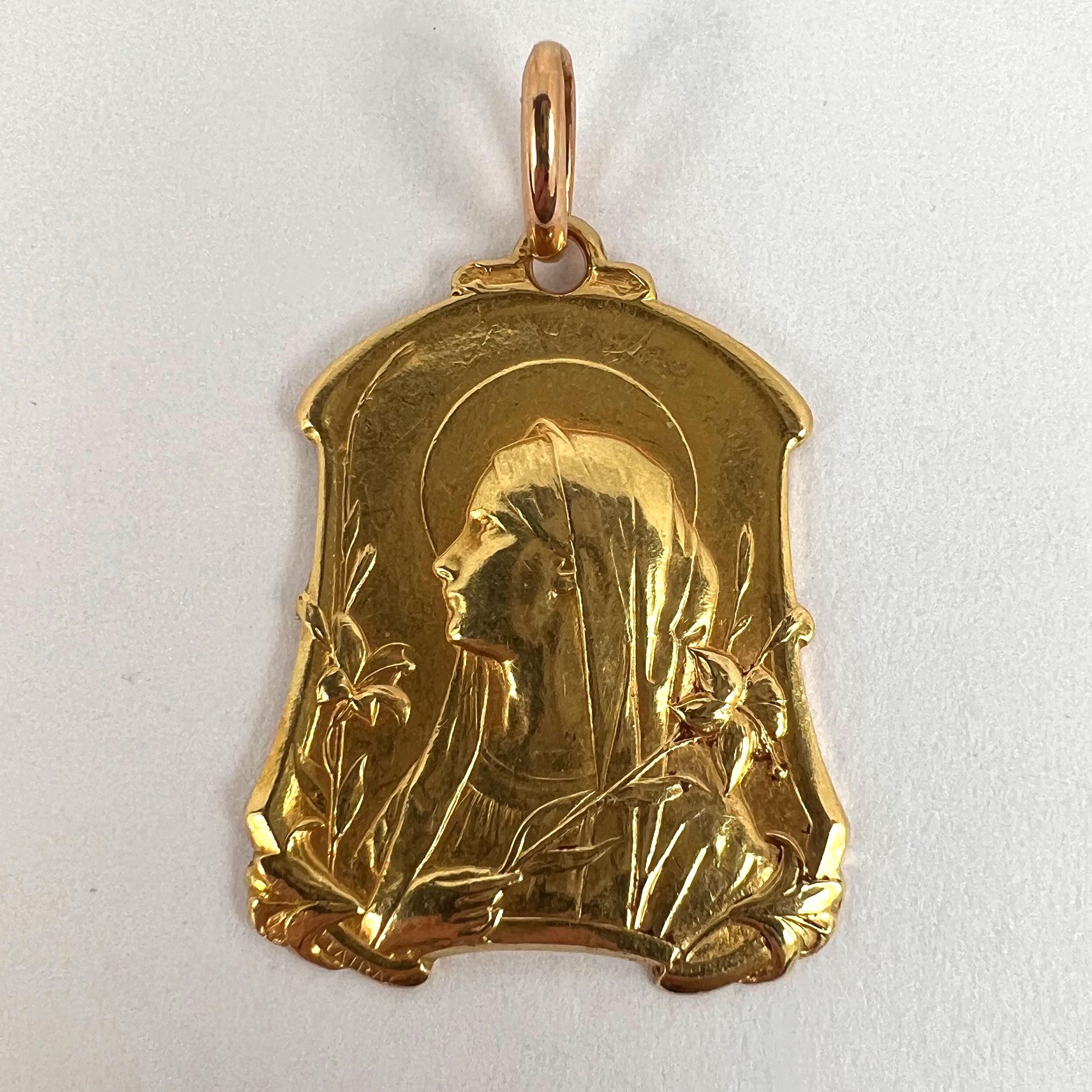 French Virgin Mary Lilies 18k Yellow Gold Medal Pendant For Sale 6