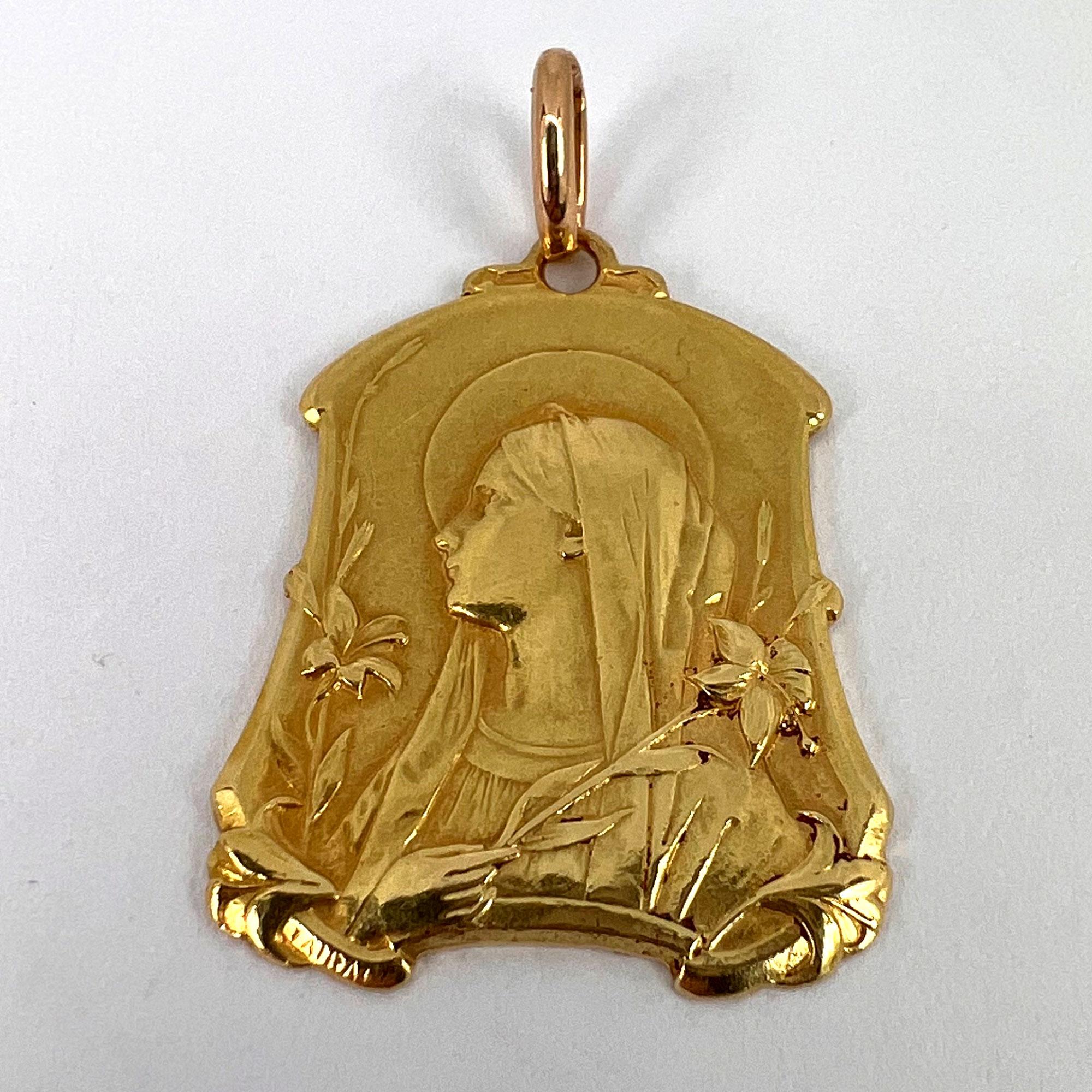 French Virgin Mary Lilies 18k Yellow Gold Medal Pendant For Sale 7