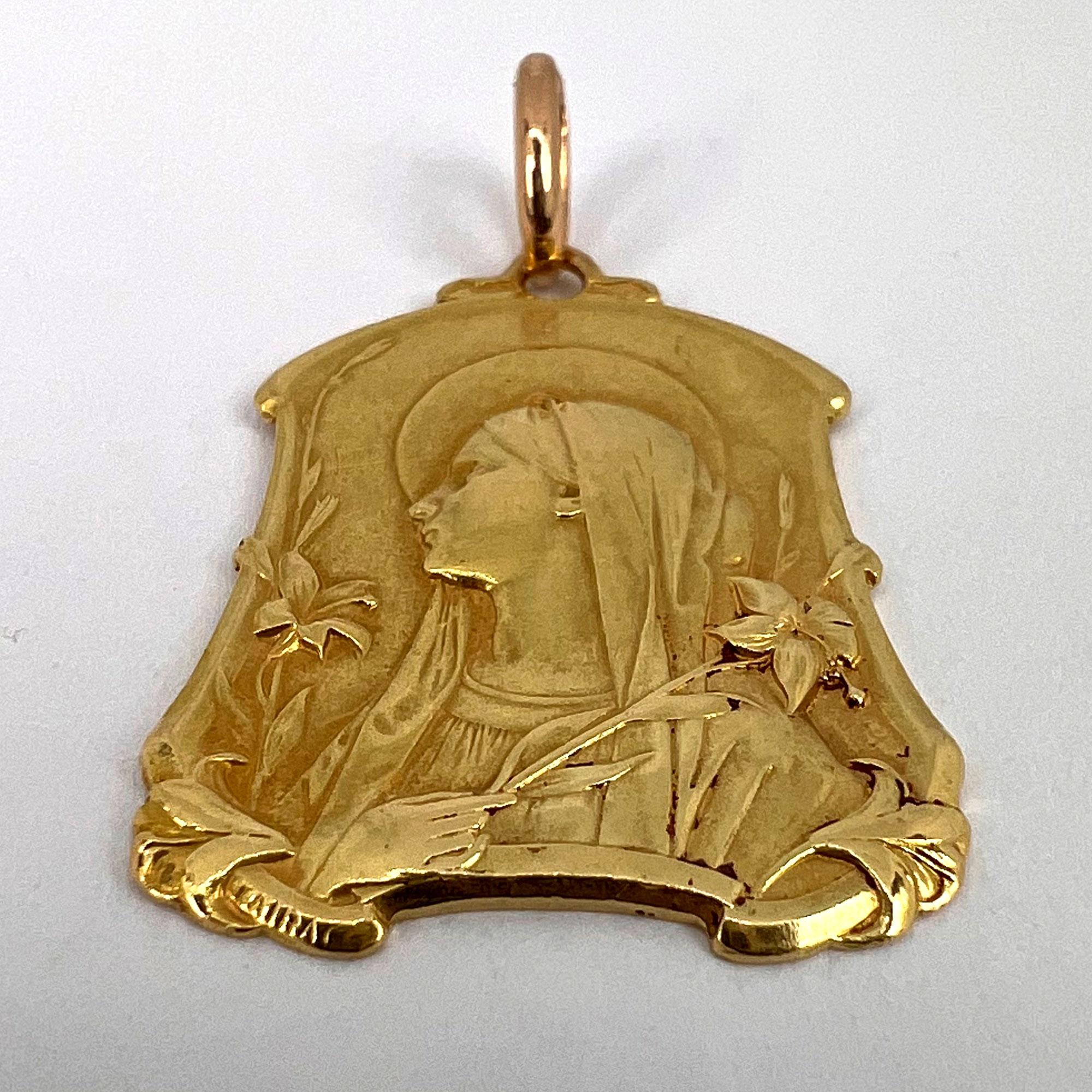 French Virgin Mary Lilies 18k Yellow Gold Medal Pendant For Sale 8