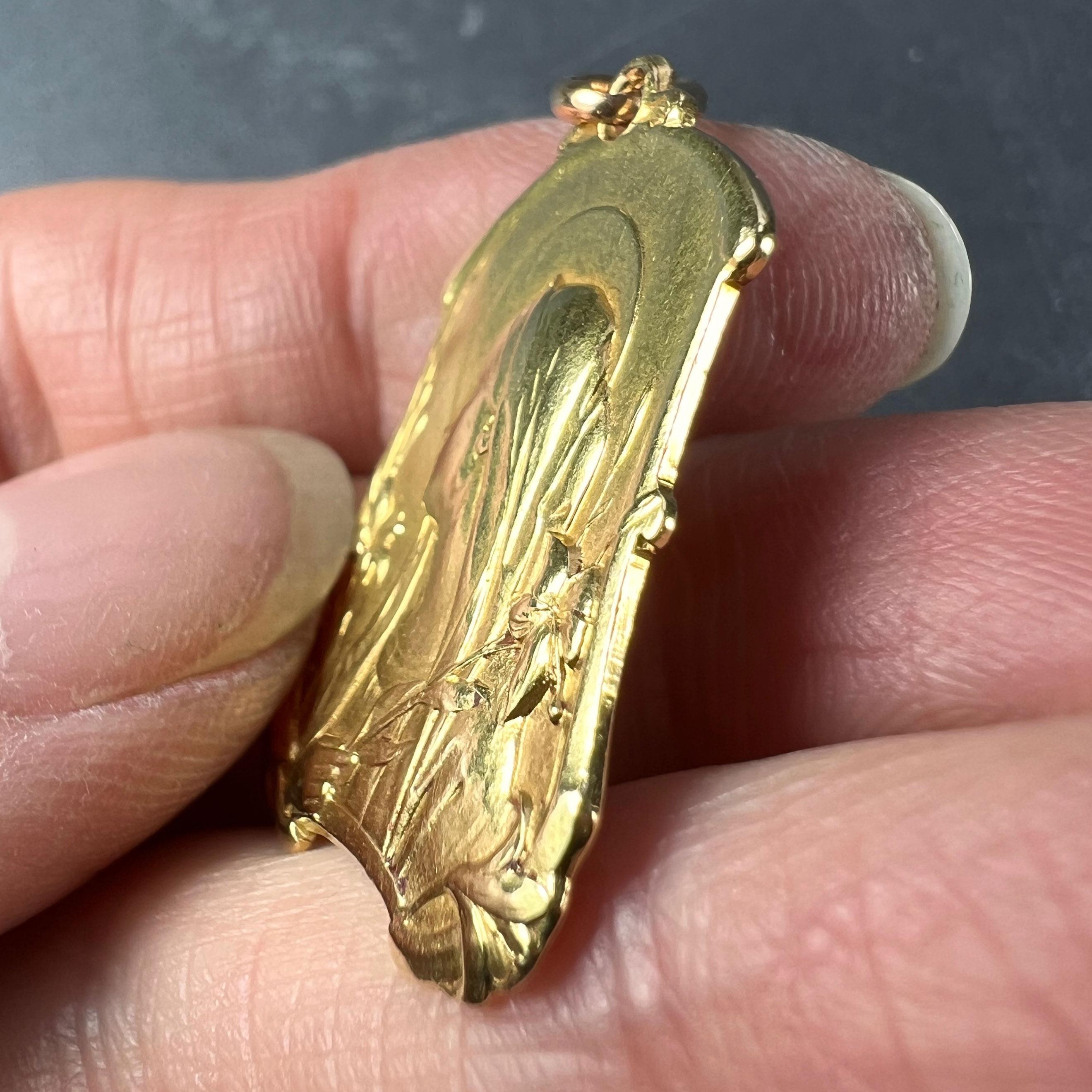 French Virgin Mary Lilies 18k Yellow Gold Medal Pendant For Sale 1
