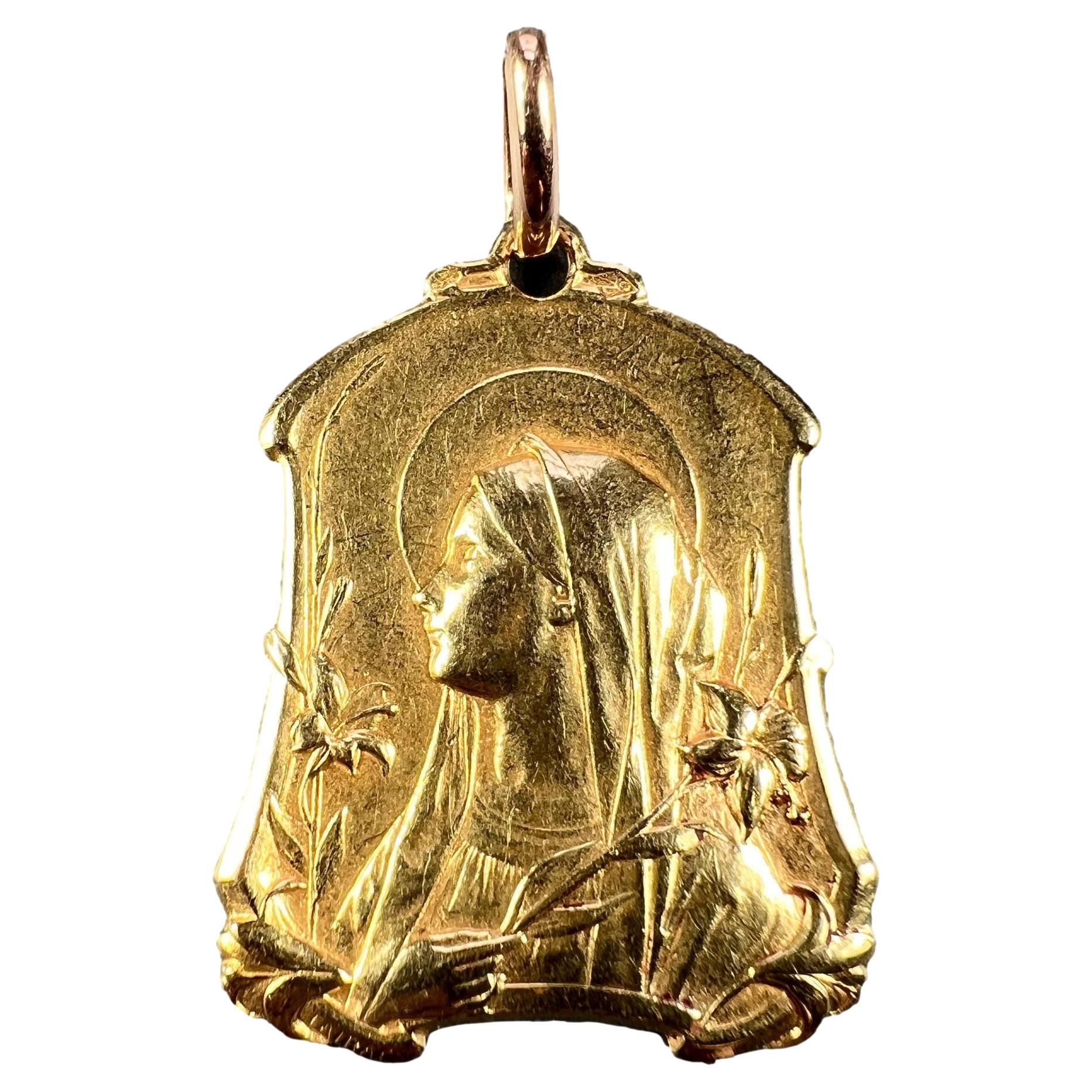 French Virgin Mary Lilies 18k Yellow Gold Medal Pendant For Sale