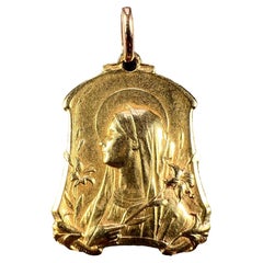 Vintage French Virgin Mary Lilies 18k Yellow Gold Medal Pendant