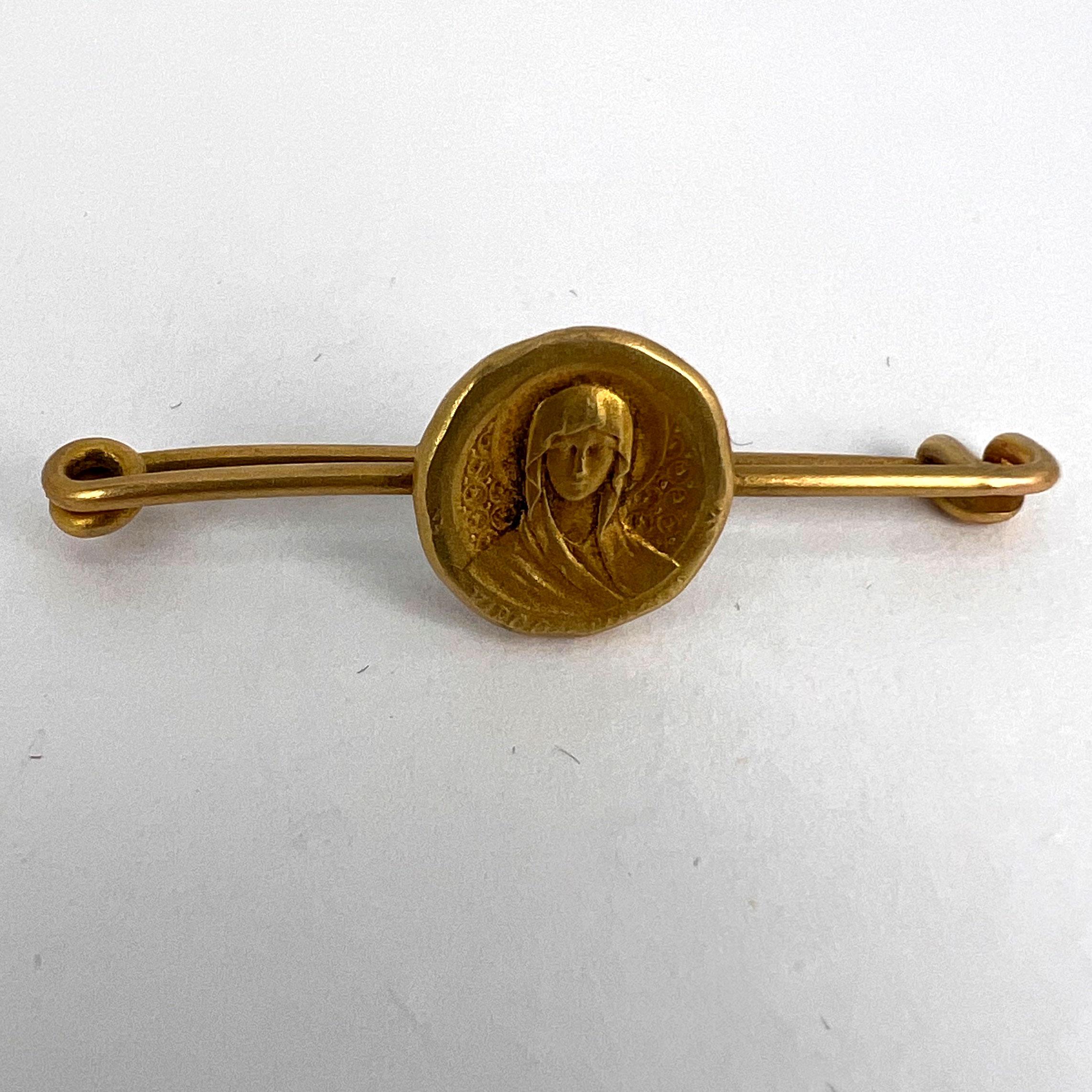 French Virgin Mary Medal Safety Pin 18K Yellow Gold Charm Brooch For Sale 4