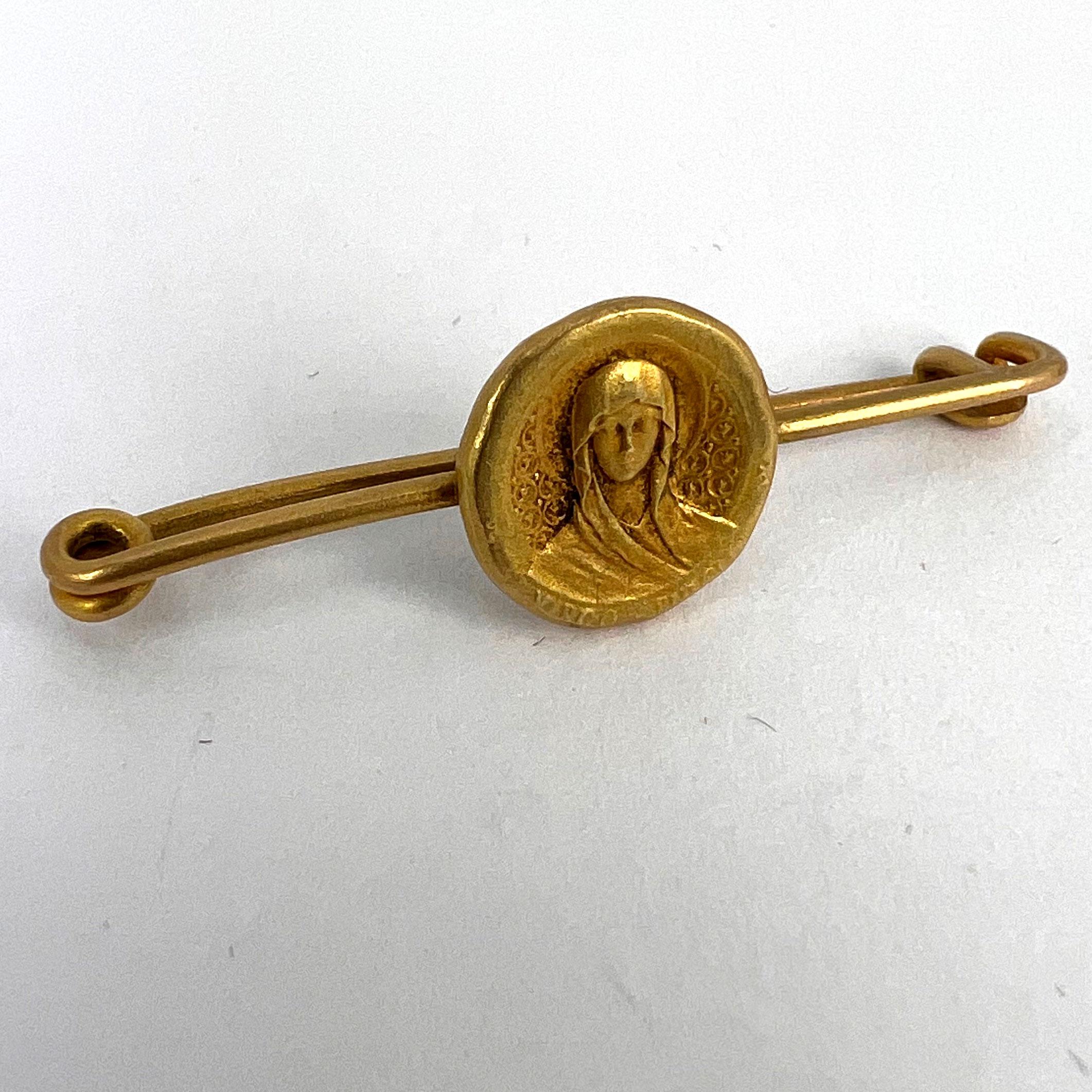 French Virgin Mary Medal Safety Pin 18K Yellow Gold Charm Brooch For Sale 5