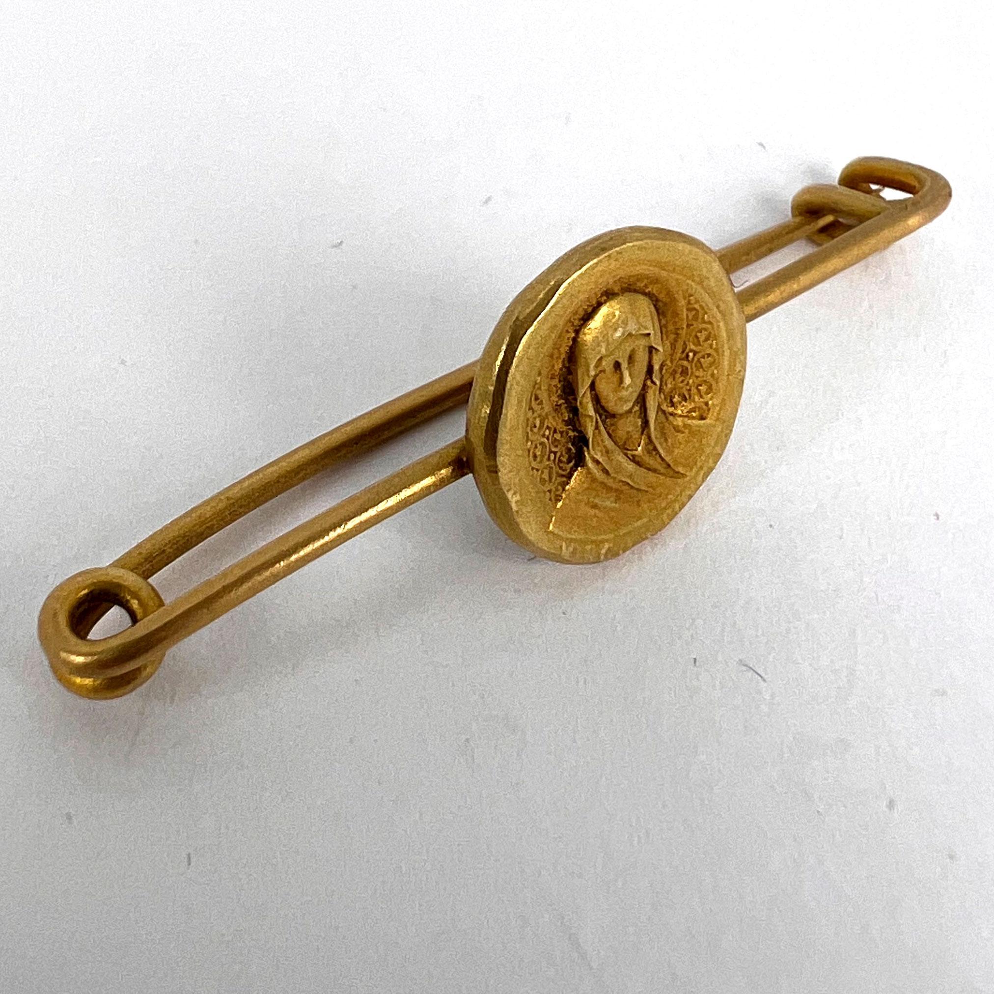 French Virgin Mary Medal Safety Pin 18K Yellow Gold Charm Brooch For Sale 6