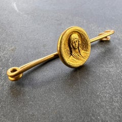 French Virgin Mary Medal Safety Pin 18K Yellow Gold Charm Brooch