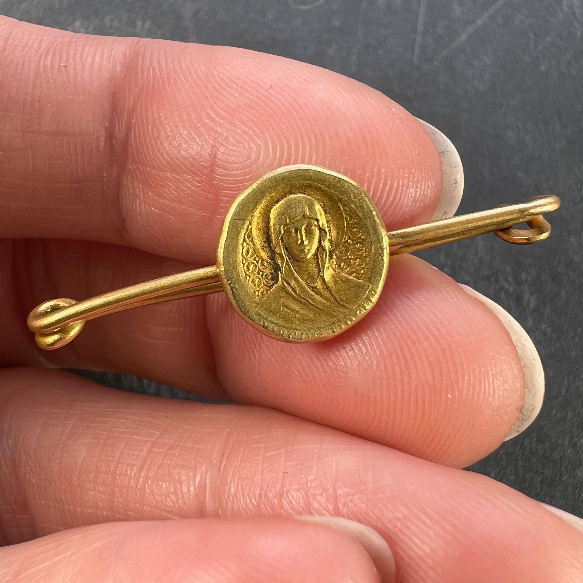 Men's French Virgin Mary Medal Safety Pin 18K Yellow Gold Charm Brooch For Sale
