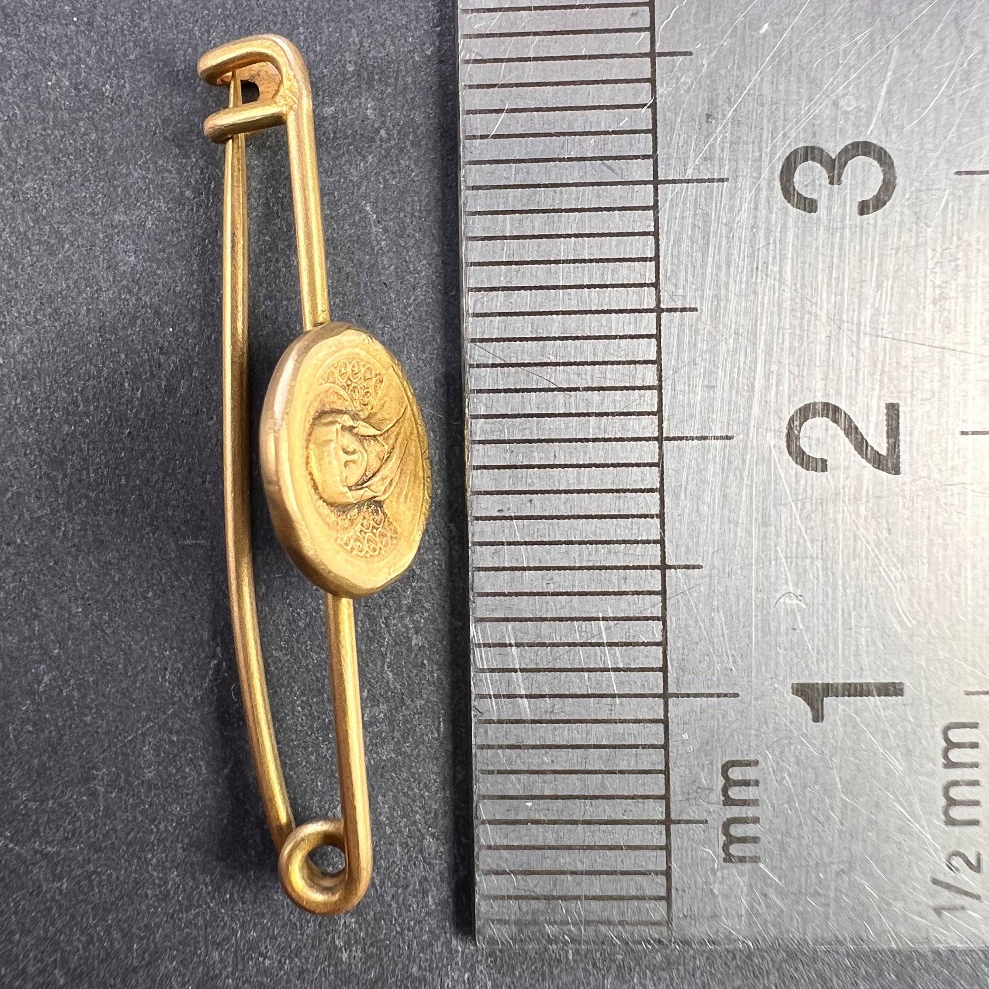 French Virgin Mary Medal Safety Pin 18K Yellow Gold Charm Brooch For Sale 2