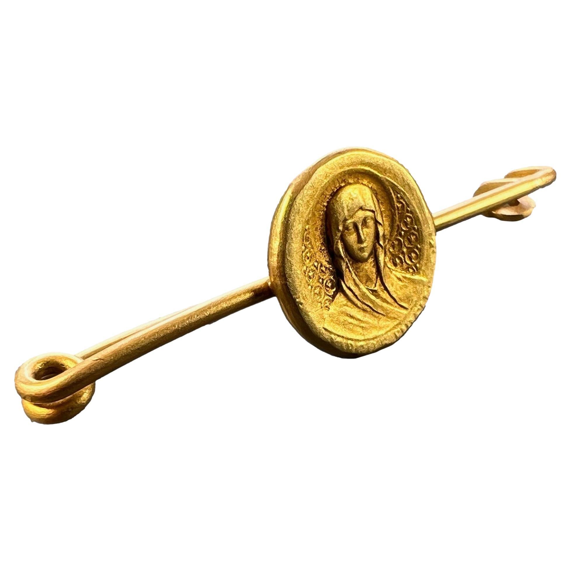 French Virgin Mary Medal Safety Pin 18K Yellow Gold Charm Brooch For Sale