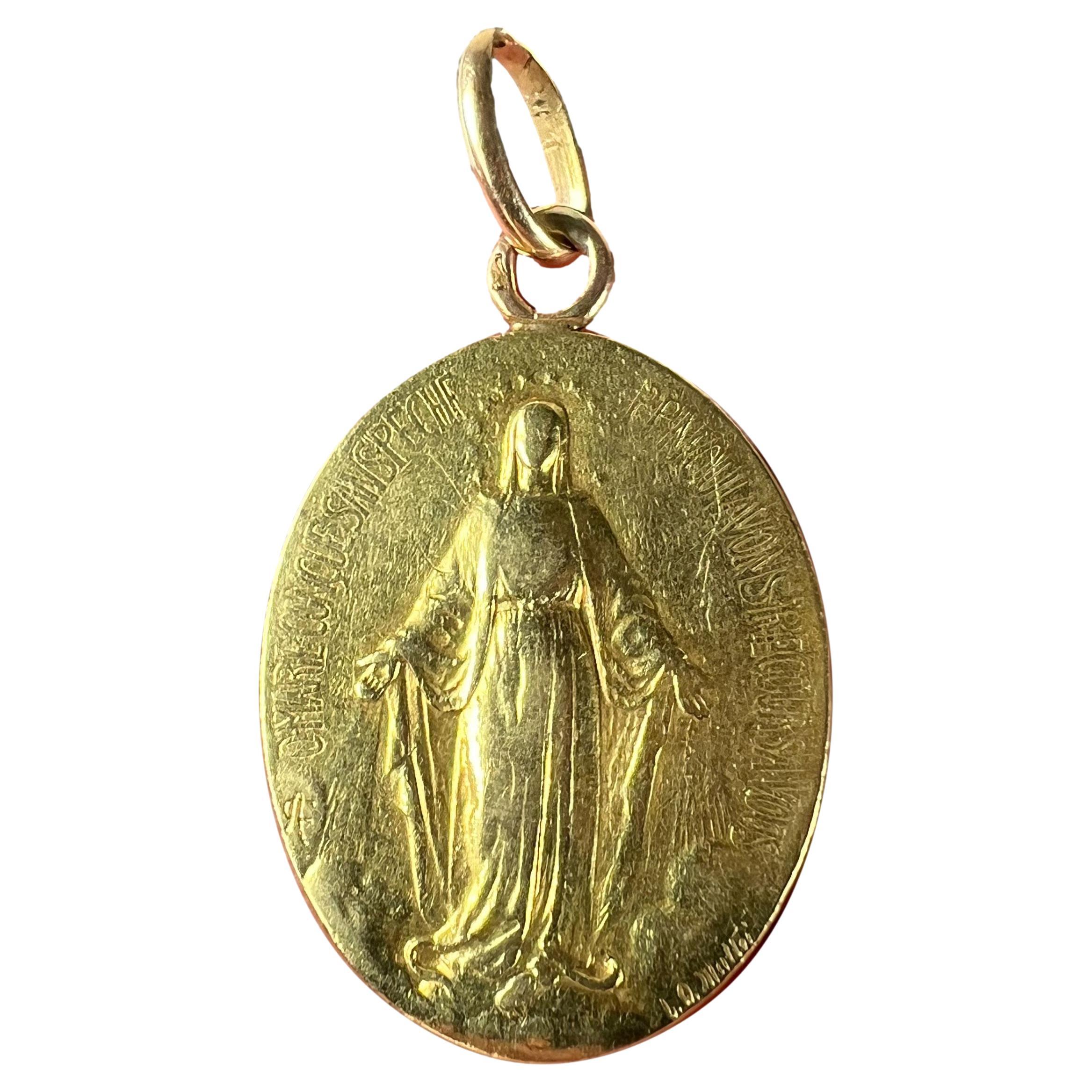 French Virgin Mary Miraculous Medal 18K Yellow Gold Charm Medal Pendant