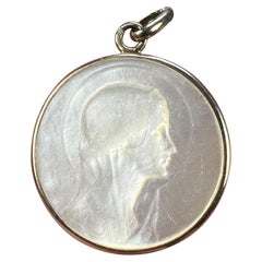 French Virgin Mary Mother of Pearl 18K White Gold Medal Pendant