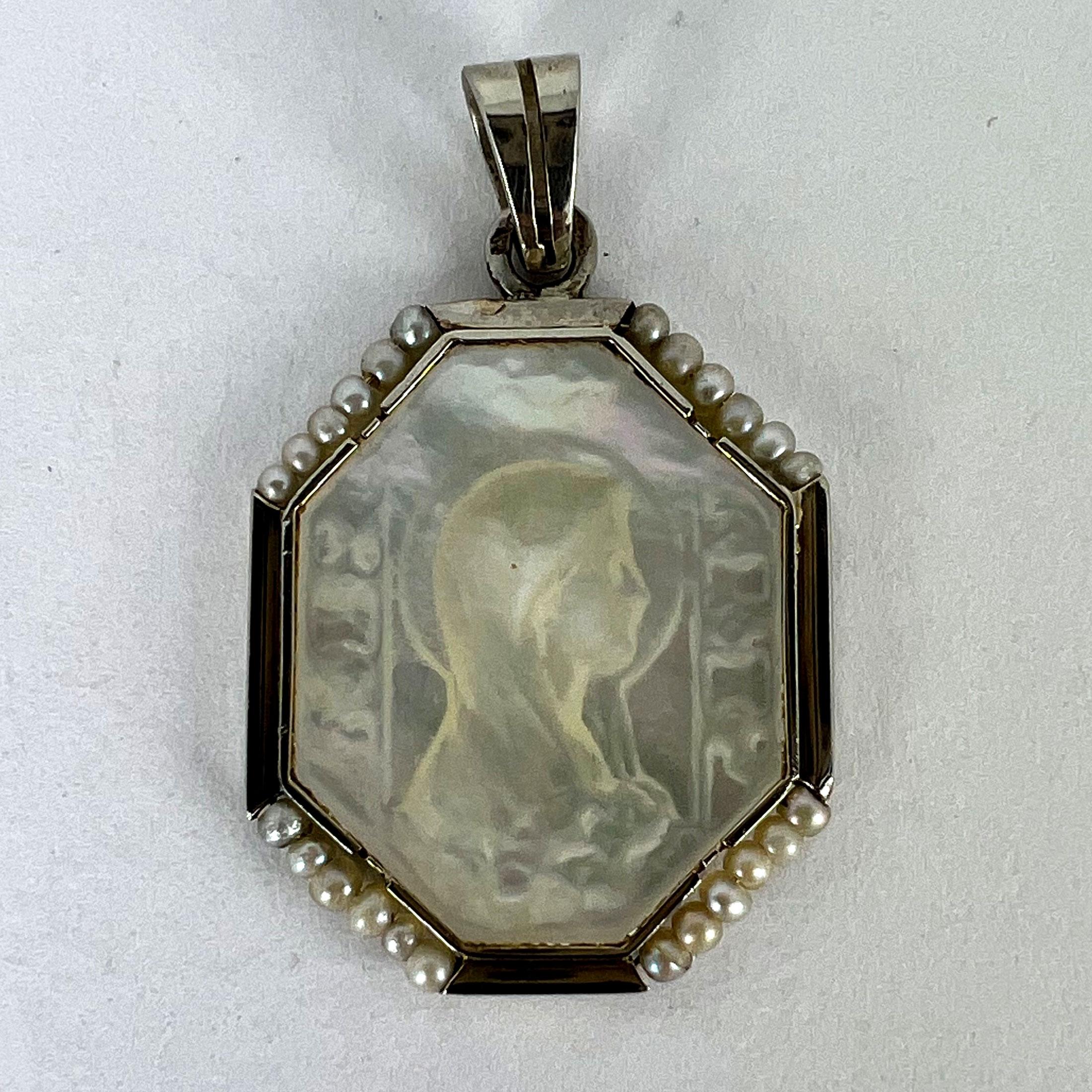 French Virgin Mary Mother of Pearl 18K White Gold Pearl Charm Pendant 5