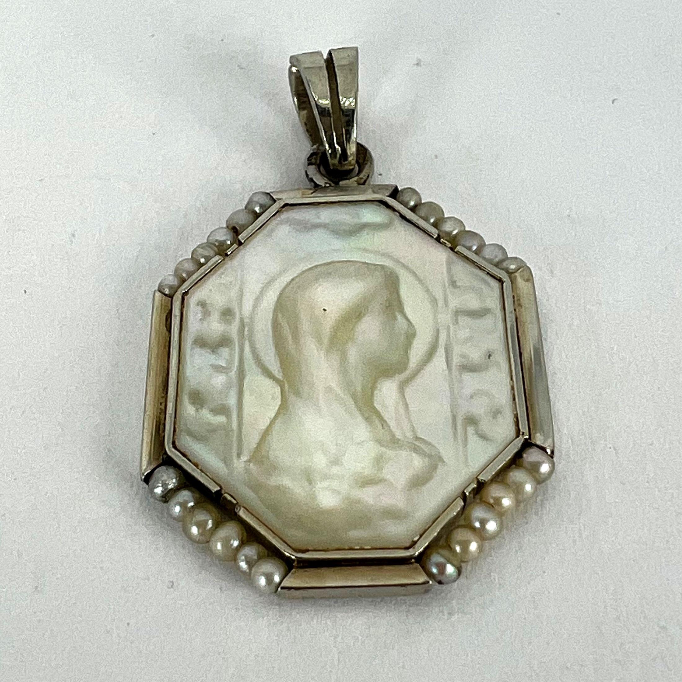 French Virgin Mary Mother of Pearl 18K White Gold Pearl Charm Pendant 6