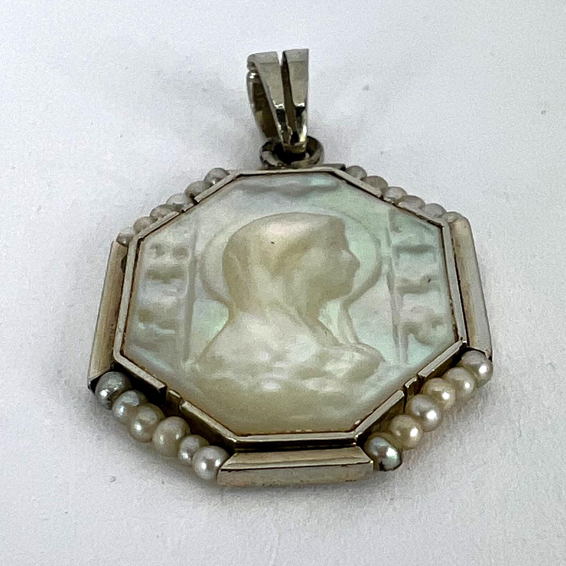 French Virgin Mary Mother of Pearl 18K White Gold Pearl Charm Pendant 7