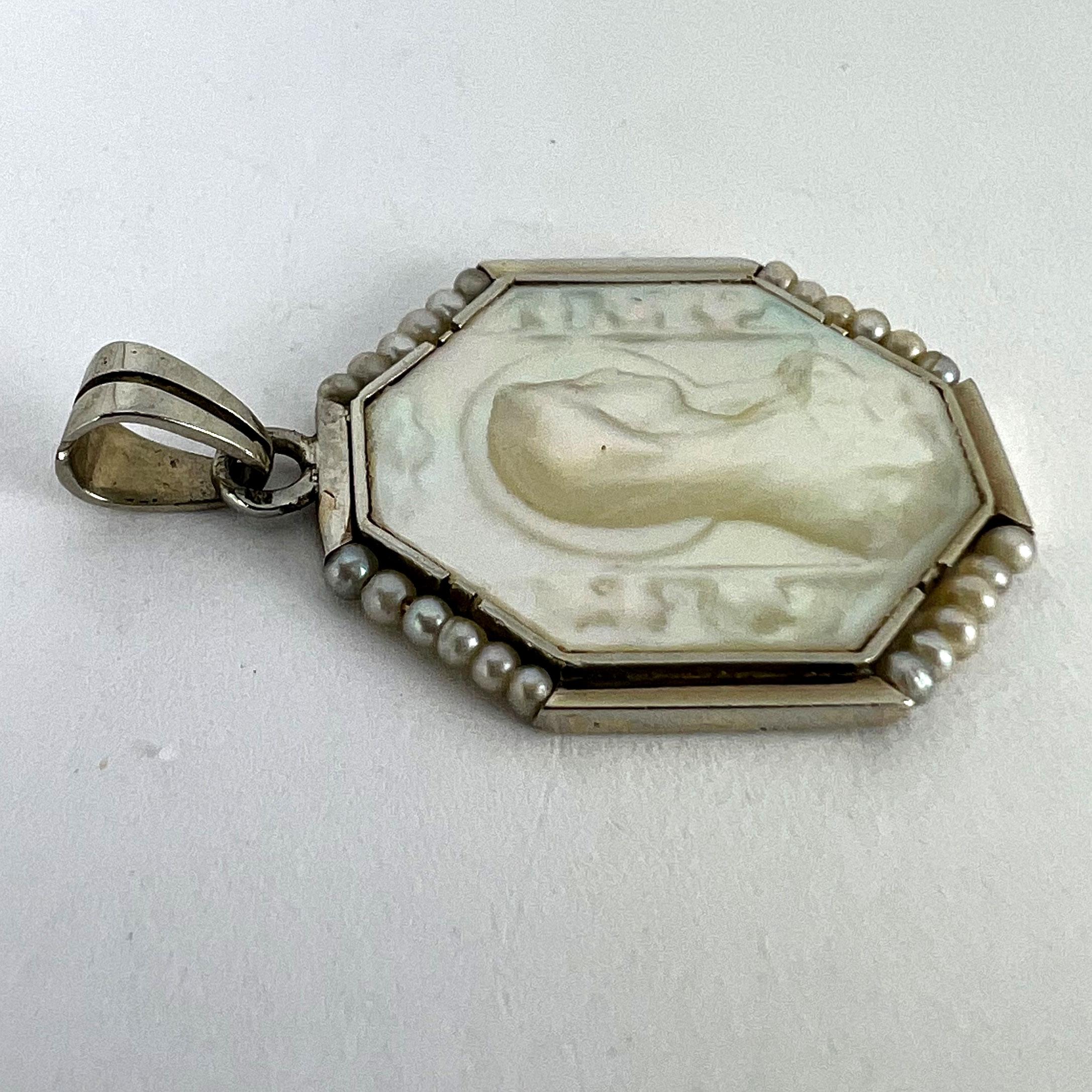 French Virgin Mary Mother of Pearl 18K White Gold Pearl Charm Pendant 8