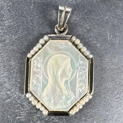 French Virgin Mary Mother of Pearl 18K White Gold Pearl Charm Pendant