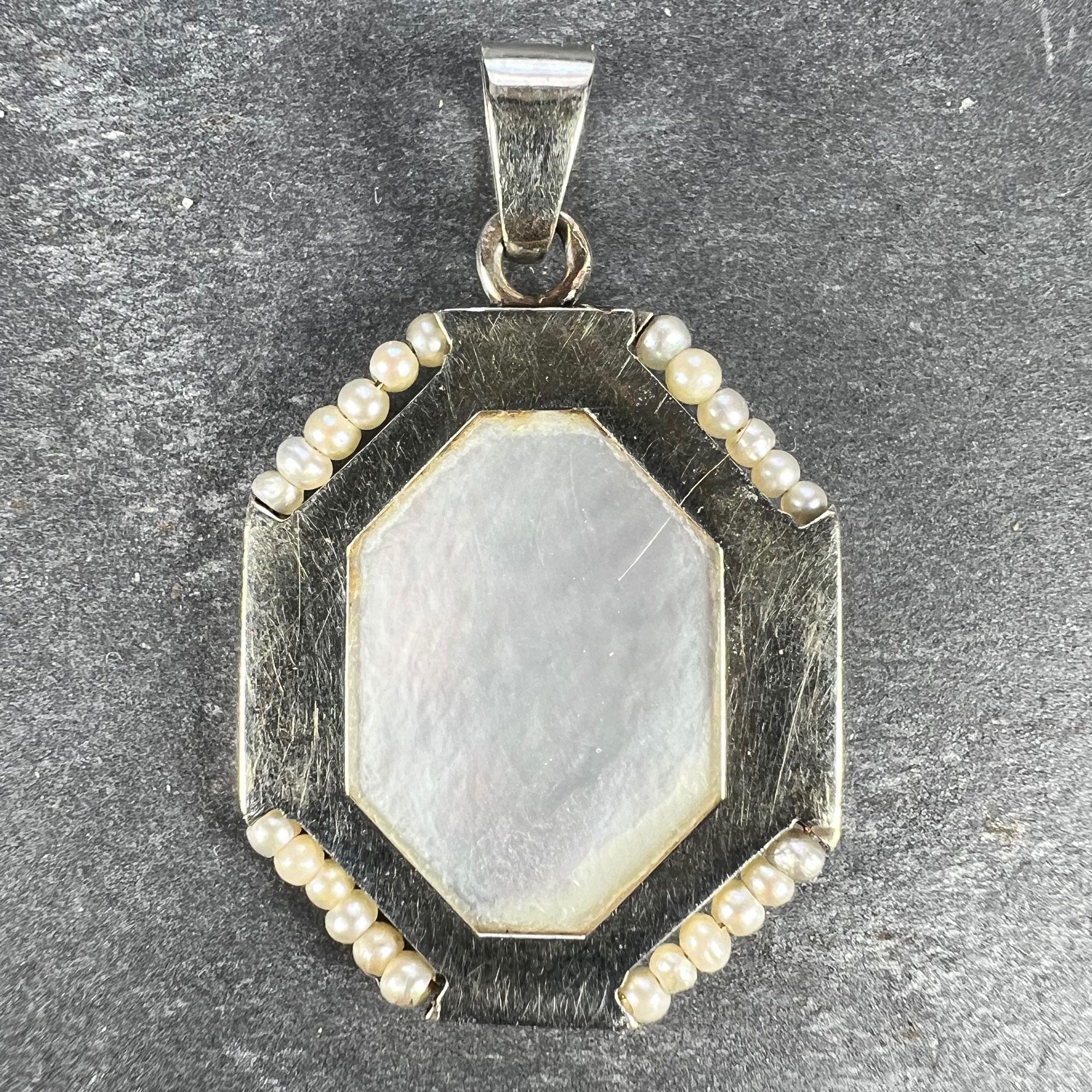 Art Deco French Virgin Mary Mother of Pearl 18K White Gold Pearl Charm Pendant