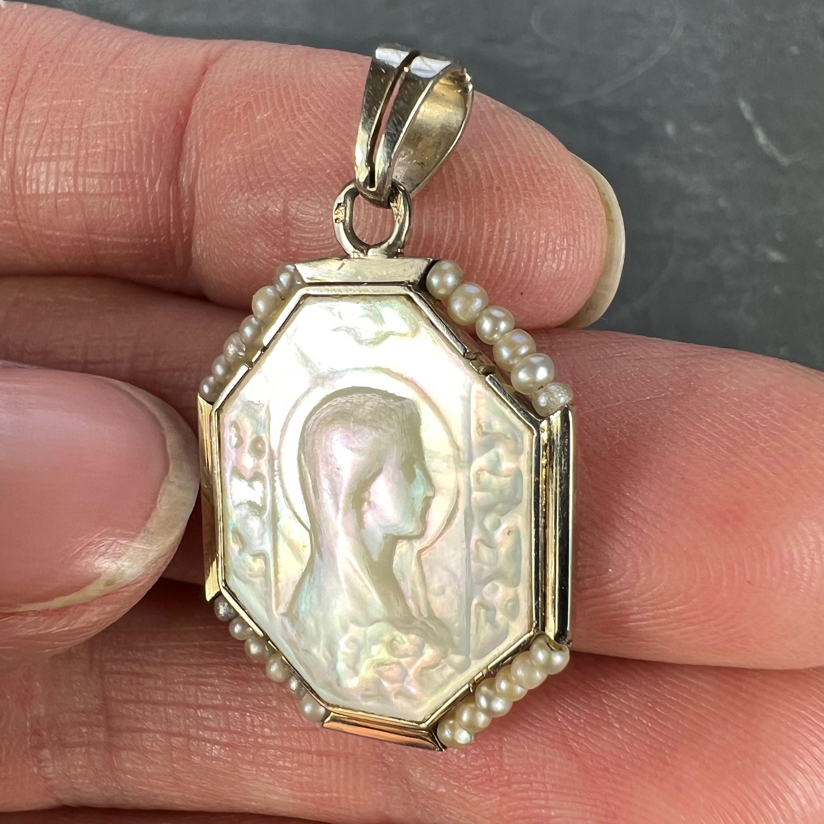 Women's French Virgin Mary Mother of Pearl 18K White Gold Pearl Charm Pendant