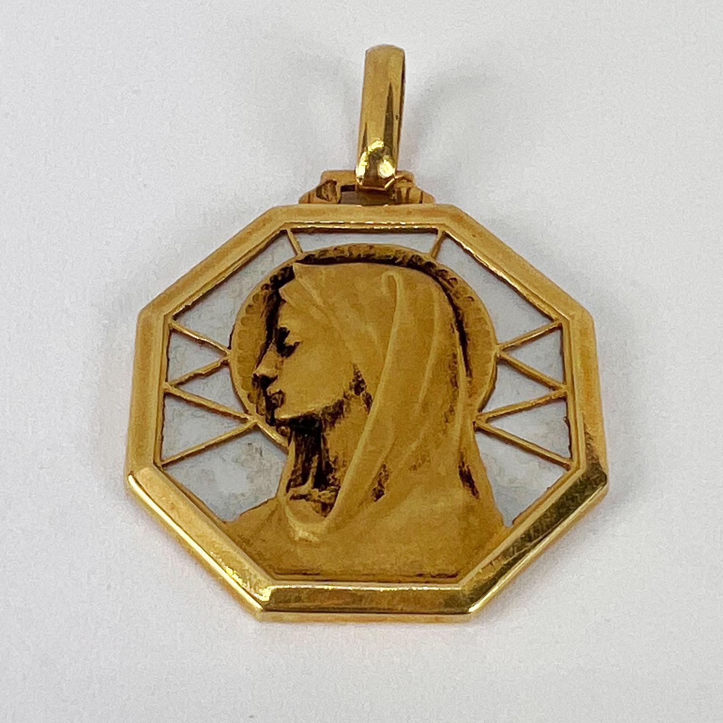 French Virgin Mary Mother of Pearl 18K Yellow Gold Charm Pendant 5