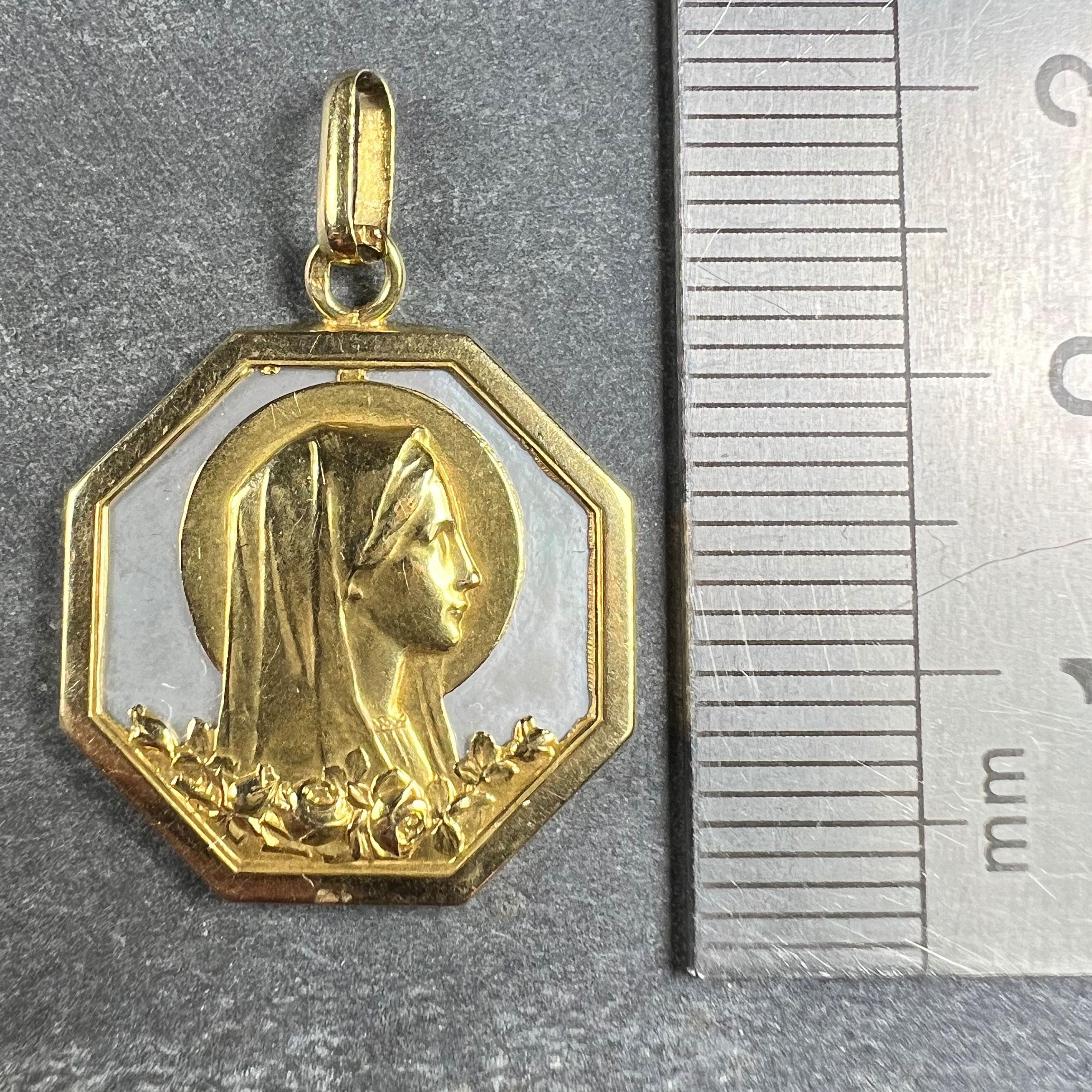 French Virgin Mary Mother of Pearl 18K Yellow Gold Charm Pendant 6