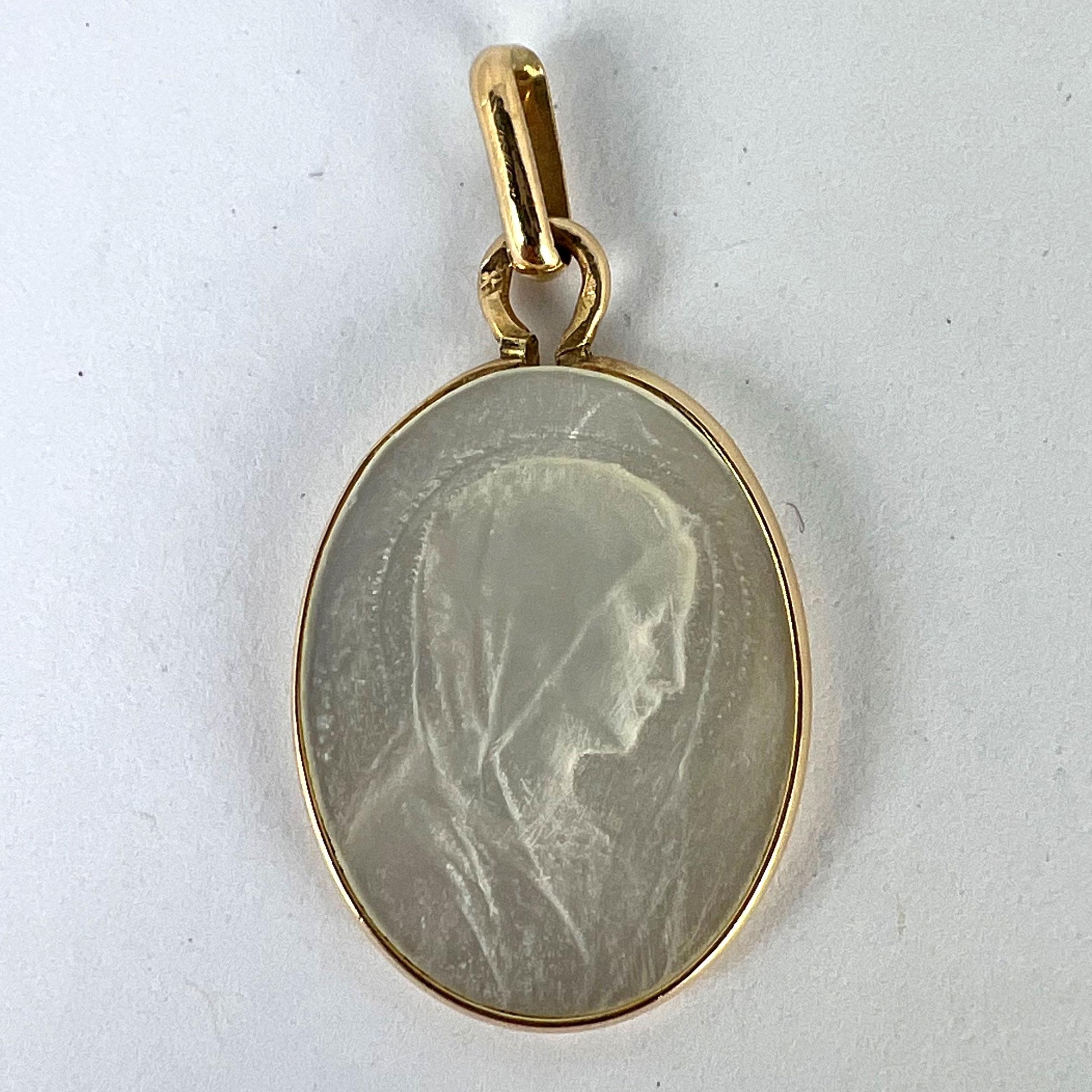 French Virgin Mary Mother of Pearl 18K Yellow Gold Charm Pendant 7