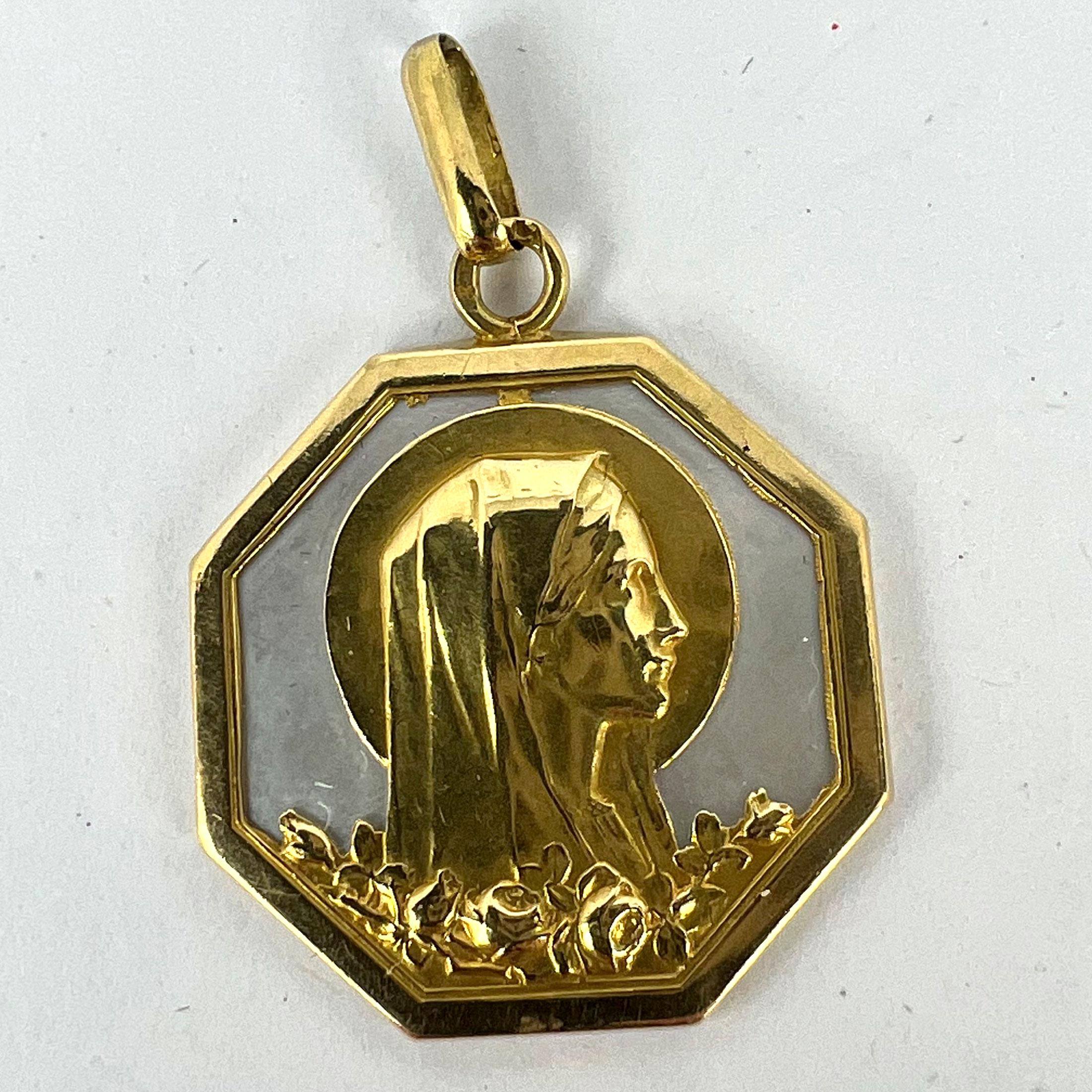 French Virgin Mary Mother of Pearl 18K Yellow Gold Charm Pendant 8
