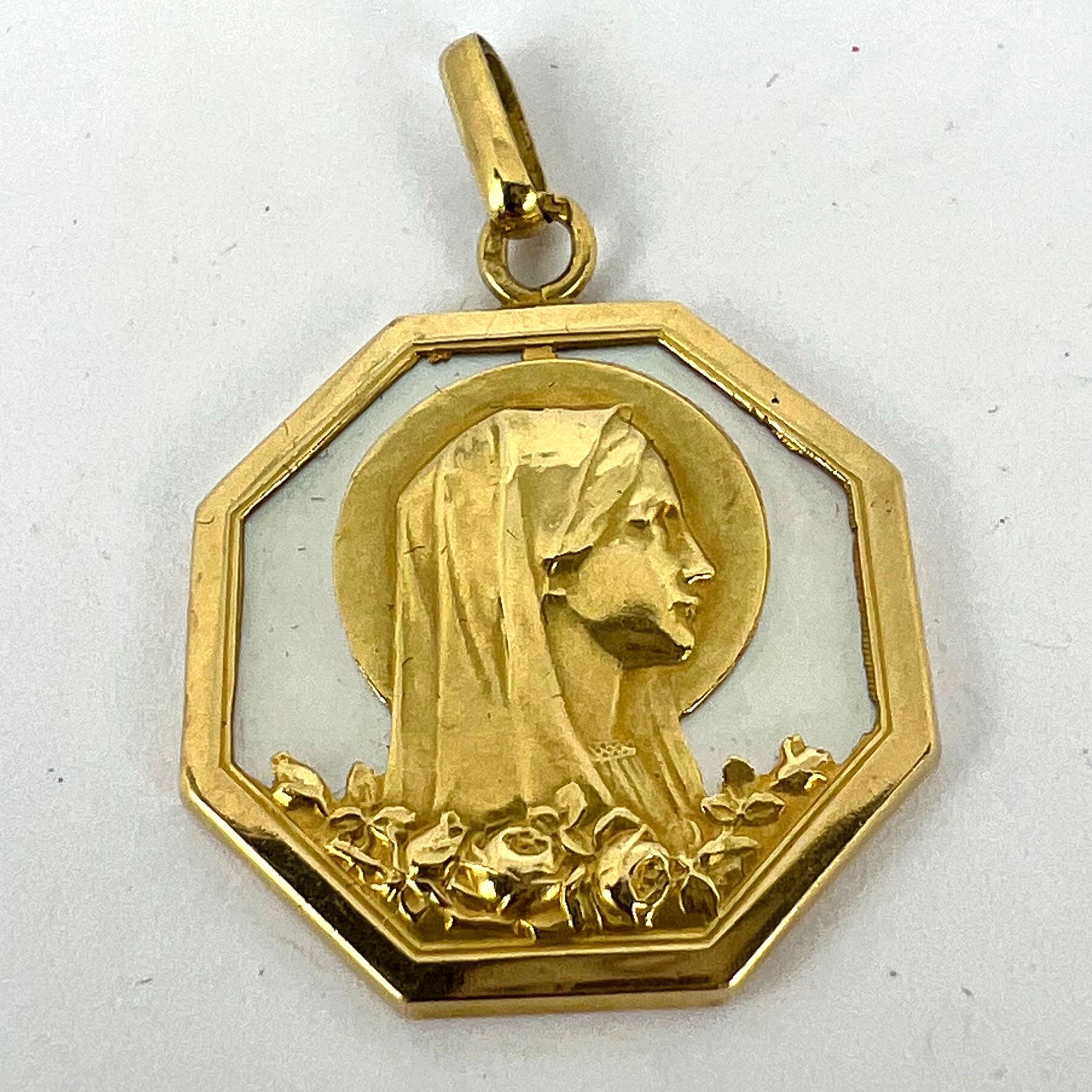 French Virgin Mary Mother of Pearl 18K Yellow Gold Charm Pendant 9