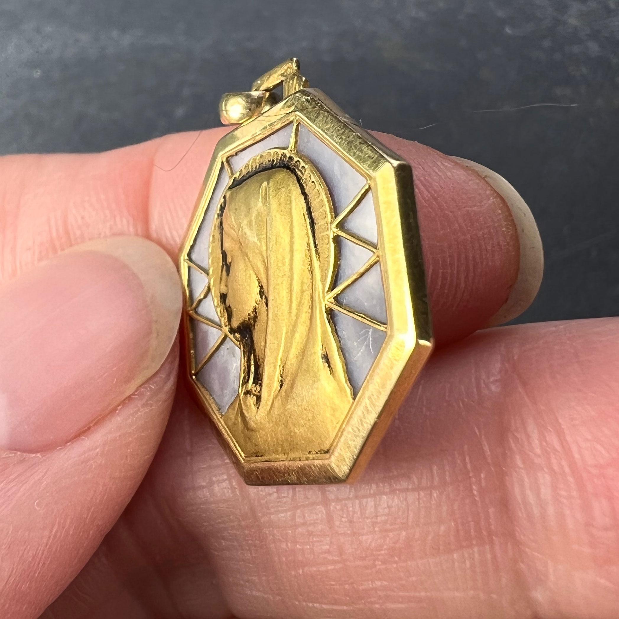 Women's or Men's French Virgin Mary Mother of Pearl 18K Yellow Gold Charm Pendant